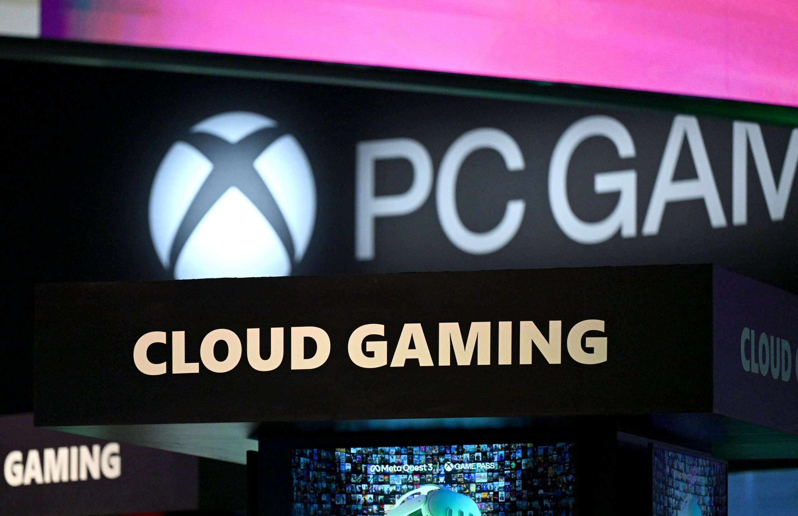 The lettering 'Cloud Gaming' is seen at the Xbox booth during the media day at the Gamescom video games trade fair