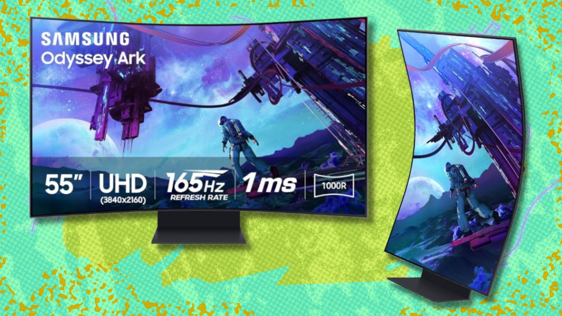 the 55-inch Samsung Odyssey Ark curved gaming monitor in normal mode and cockpit mode on a green background