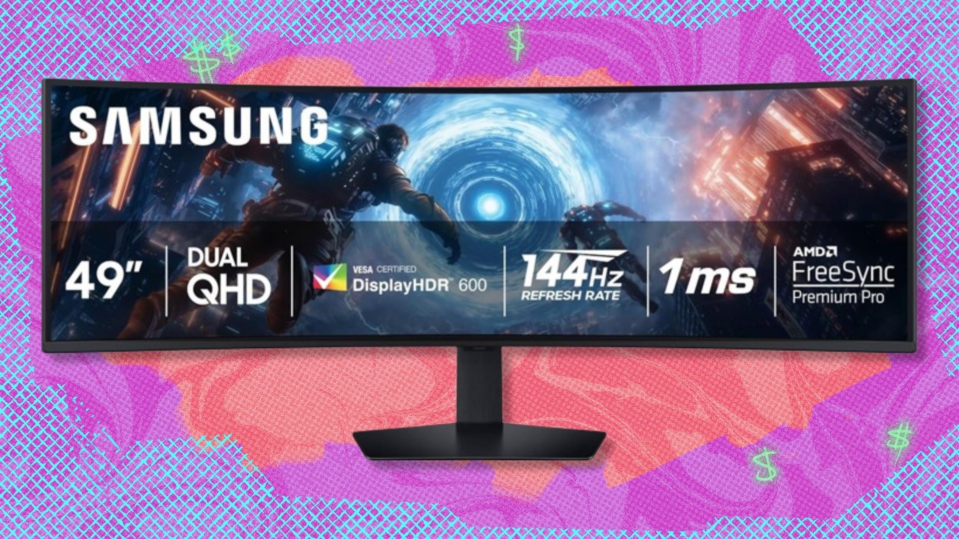 The Samsung 49-inch Odyssey Curved Gaming Monitor on a blue, purple, and red background