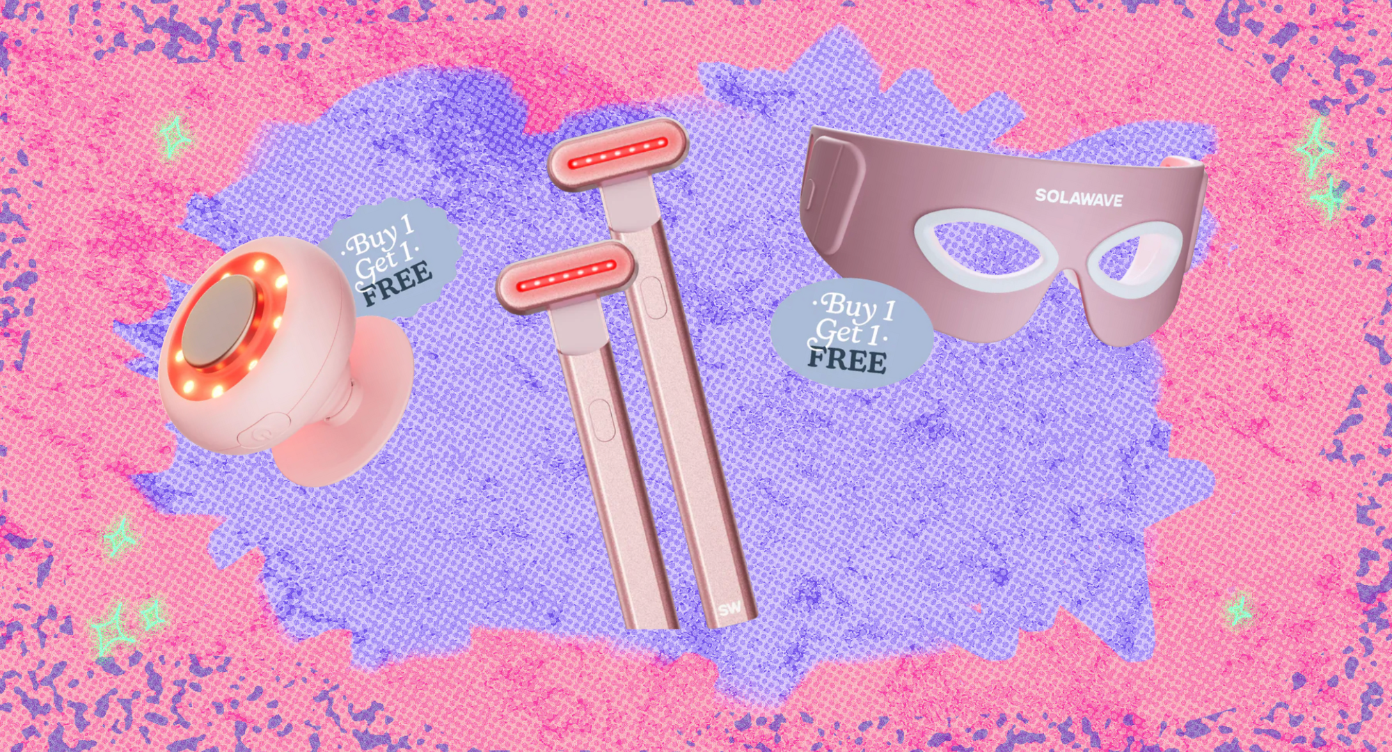 Solawave products against a purple and pink background. 