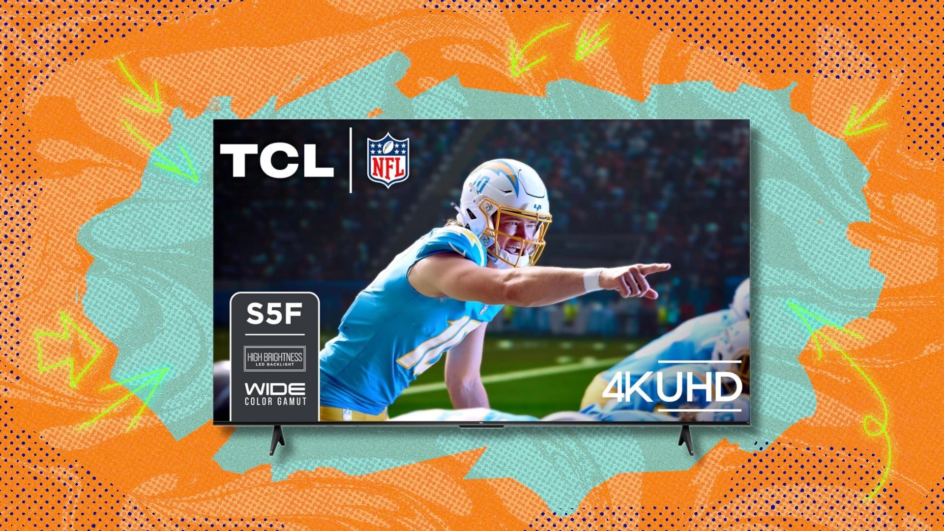 tcl 75-inch class s5 uhd 4k led smart tv against an orange and blue patterned background