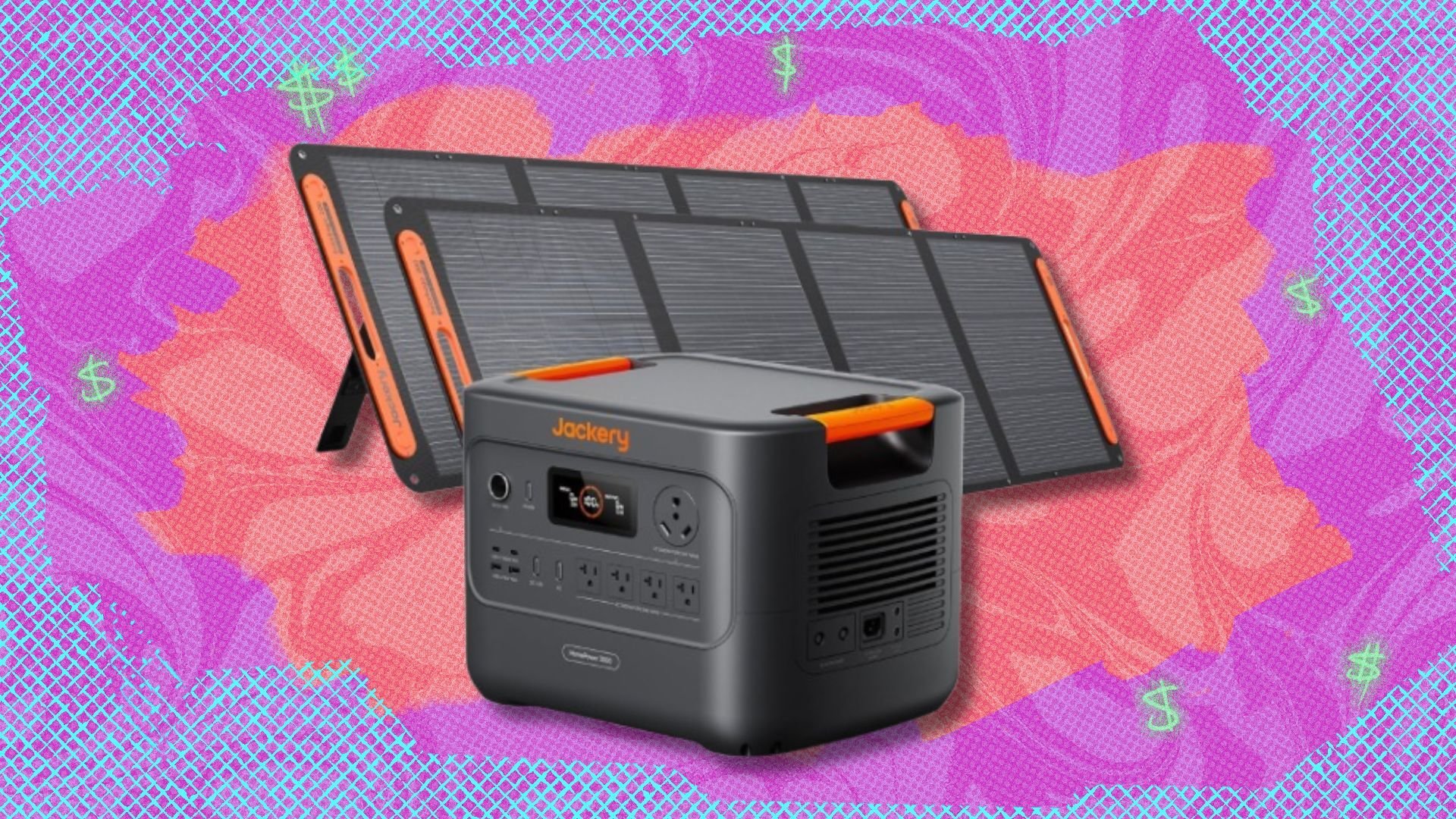 the Jackery HomePower 3000 with two solar panels behind it on a pink background