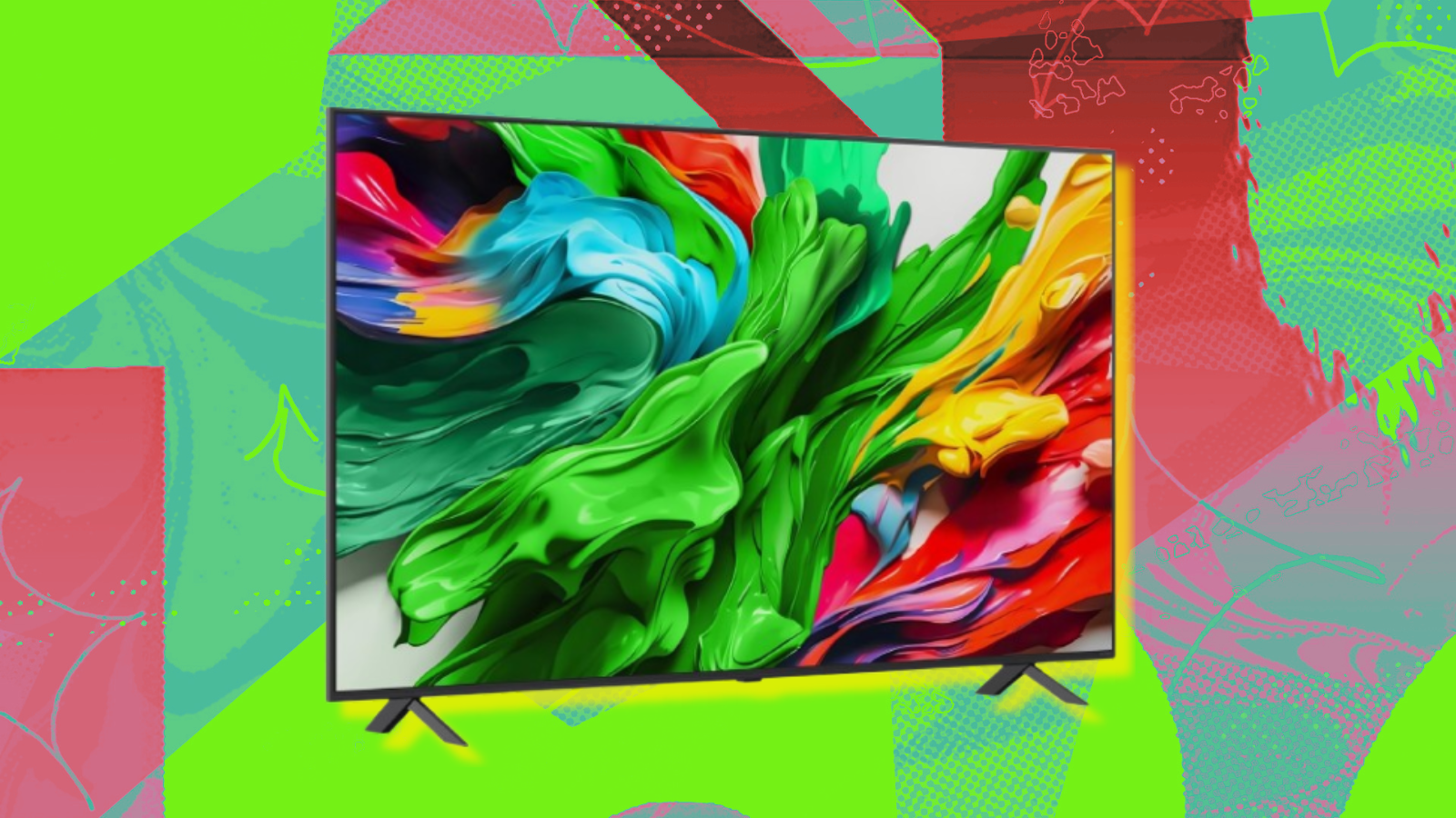 LG QNED85A TV with colorful background