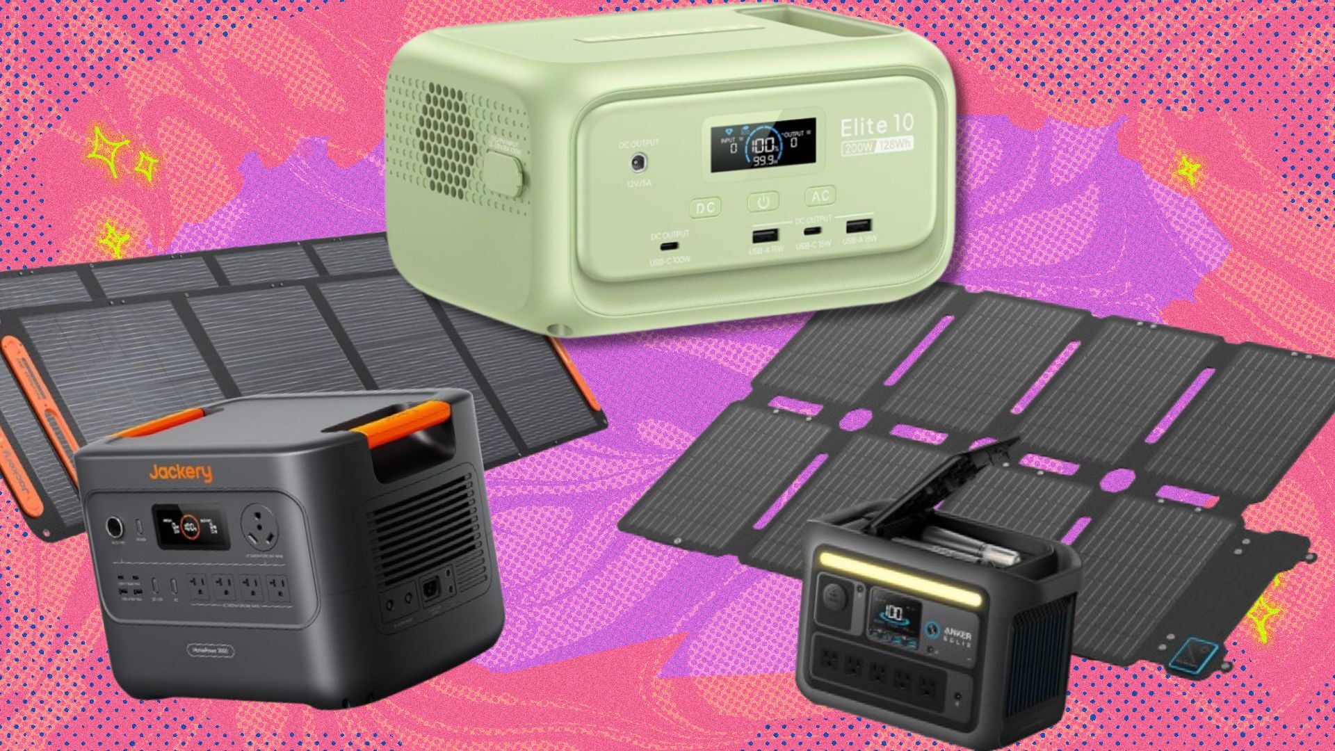 a jackery, bluetti, and anker solix portable power station all on a pink background