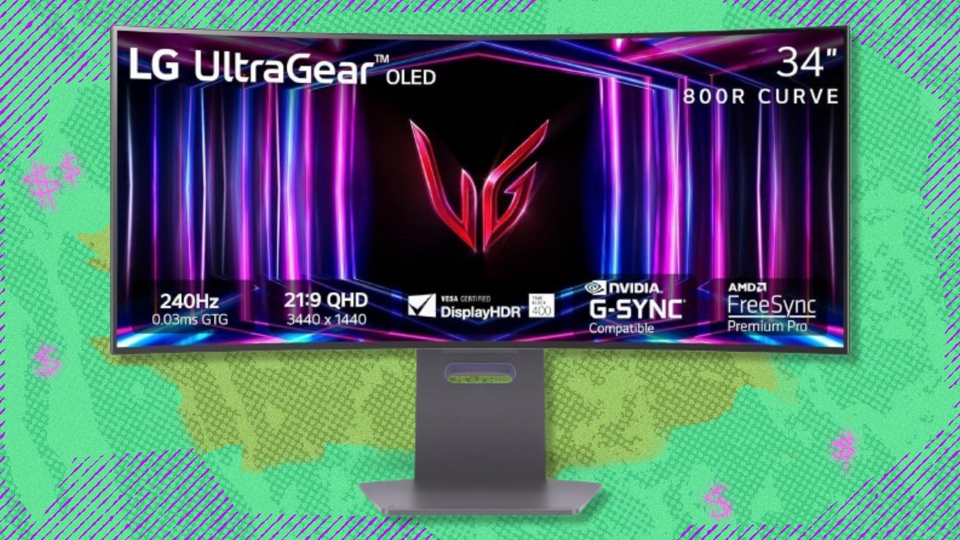 The LG 34GS95QE 34-inch Ultragear OLED Curved Gaming Monitor on a green background