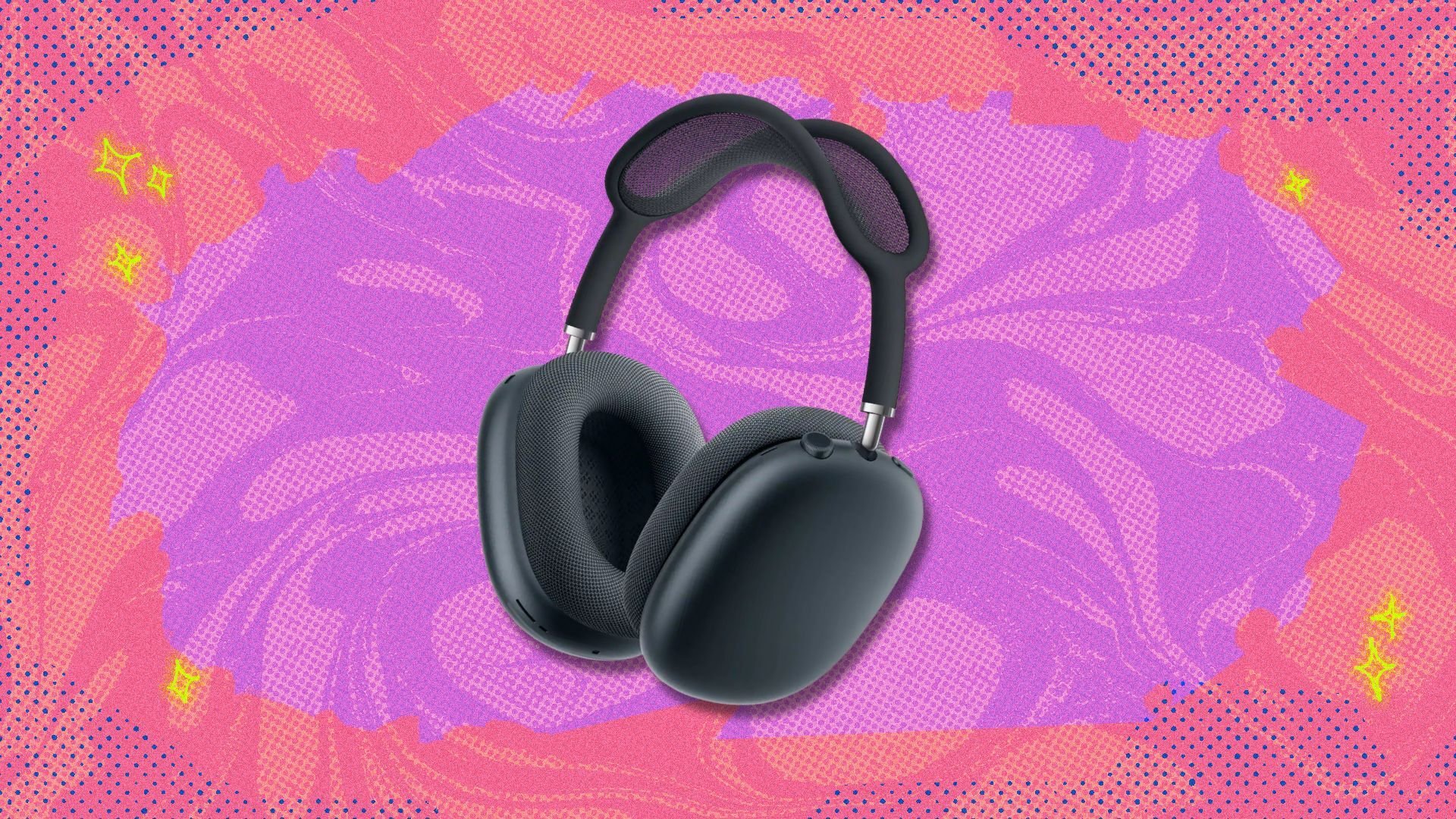 airpods max against a pink and purple patterned background