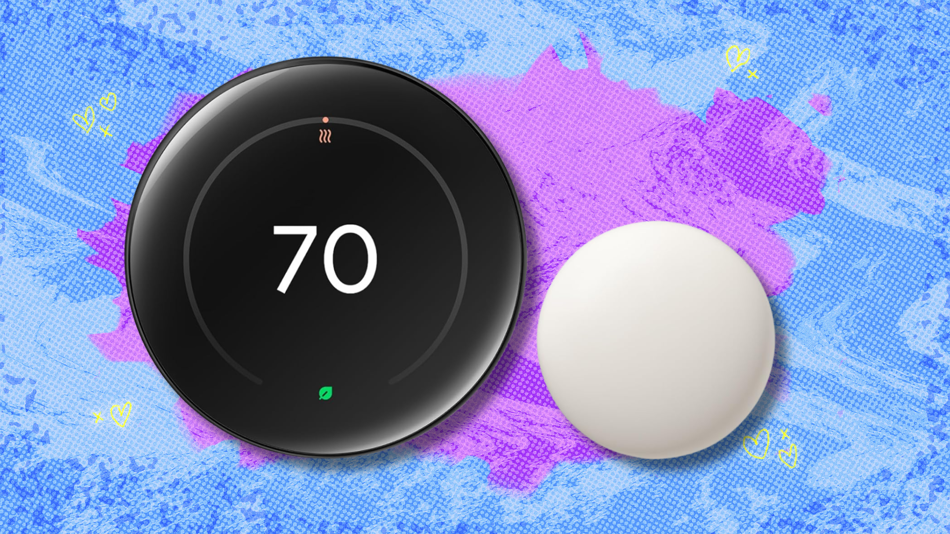 Google Nest Learning Thermostat on purple and blue abstract background
