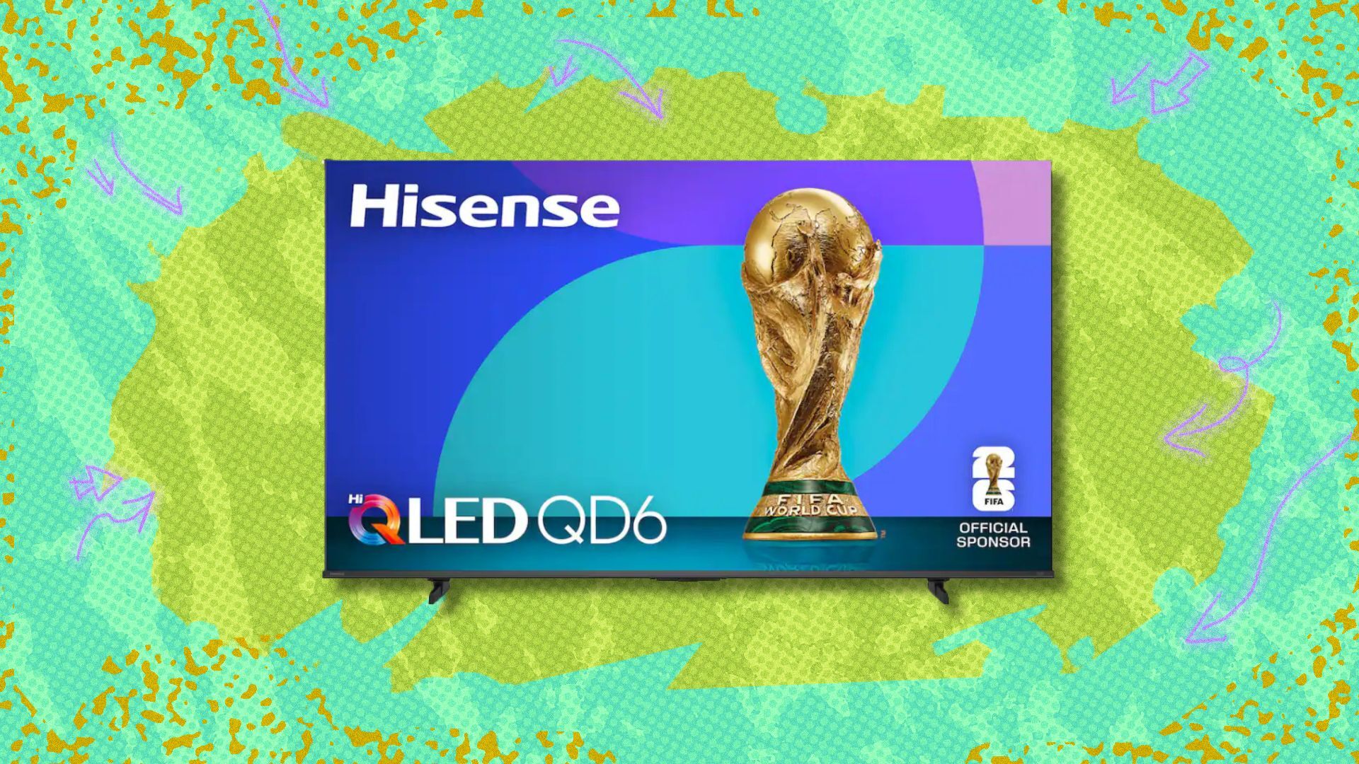 hisense 65-inch class qd6 hi-qled 4k tv against a green patterned background