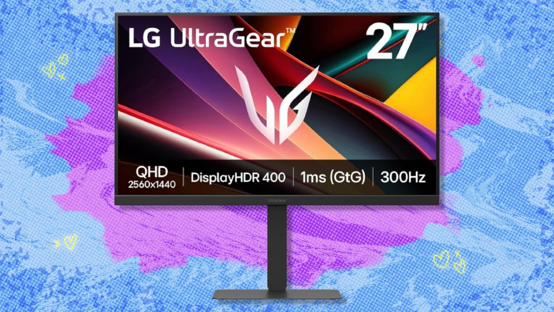 The LG 27G640A-B 27-inch Ultragear QHD gaming monitor on a blue and purple background