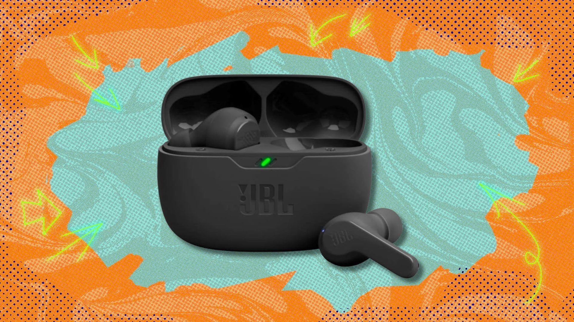 jbl vibe beam earbuds in a case against an orange and blue patterned background