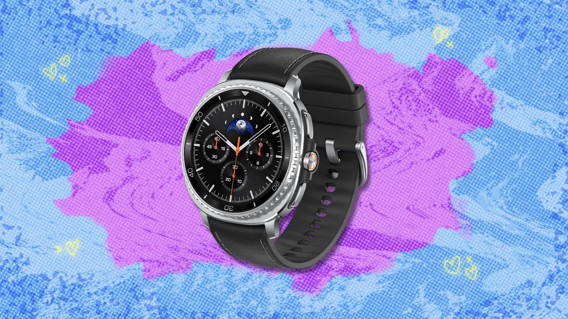 samsung galaxy watch 8 classic against a purple and blue patterned background