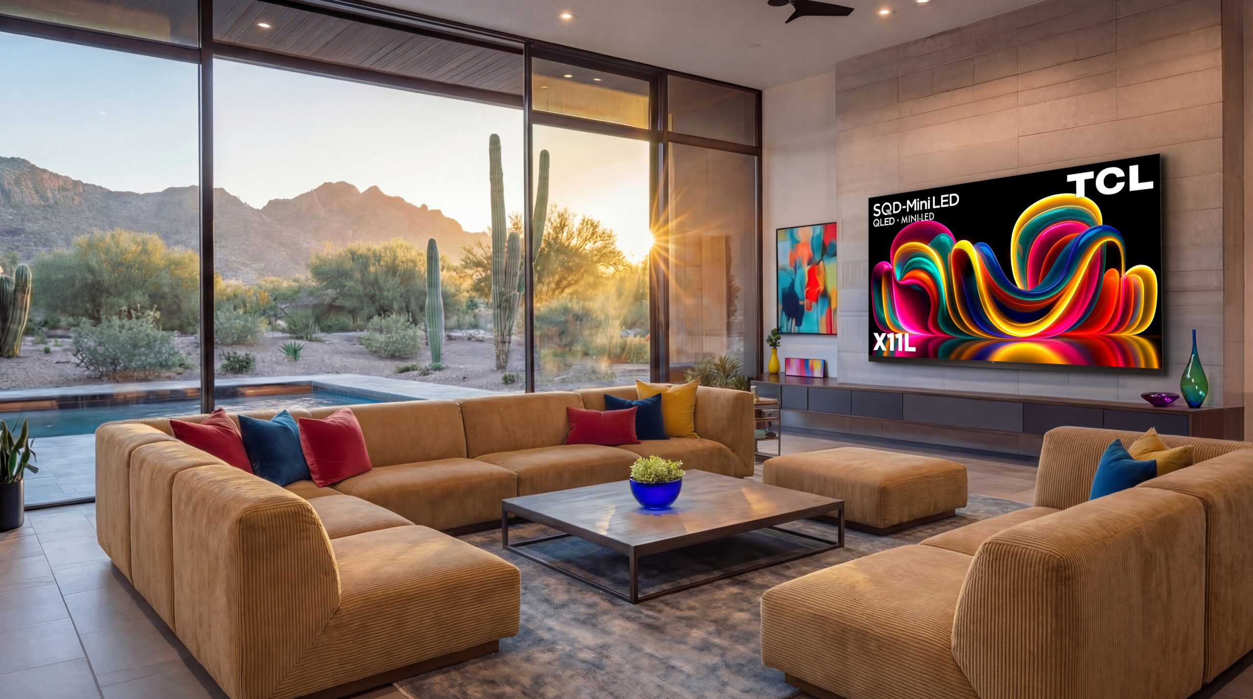 TCL TV on TV stand in living room scene with desert outside window