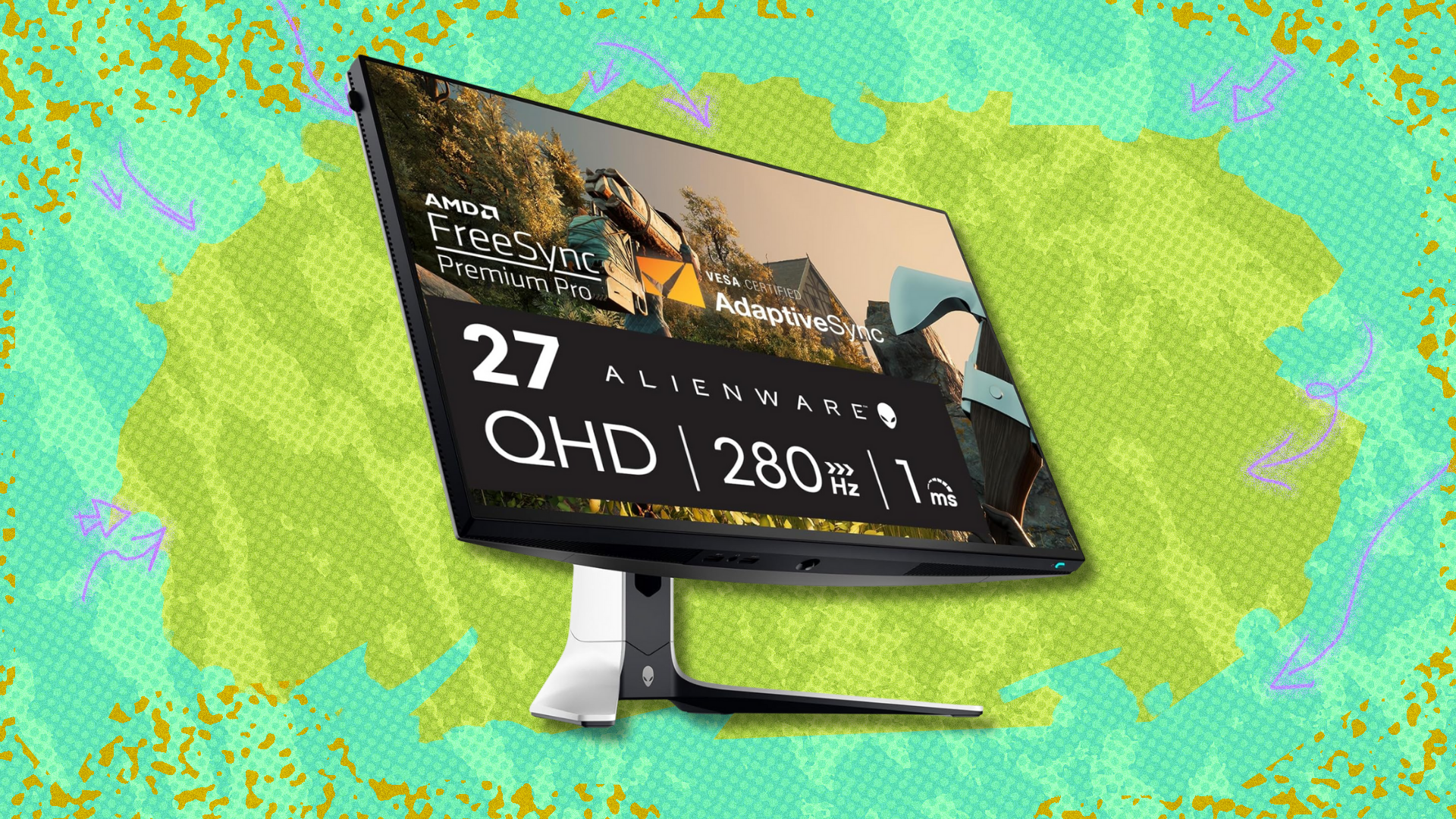 Alienware gaming monitor on green and light green background