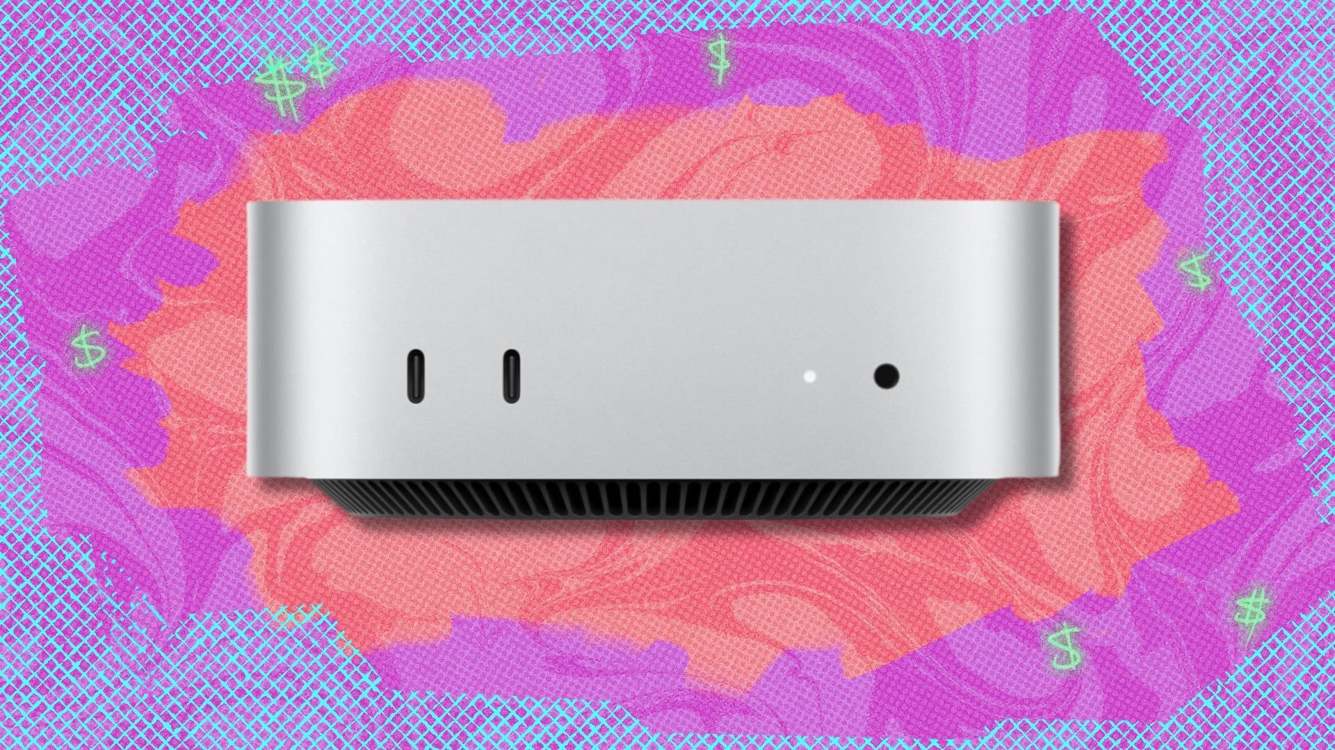 the apple mac mini on a pink, purple, and coral-colored background