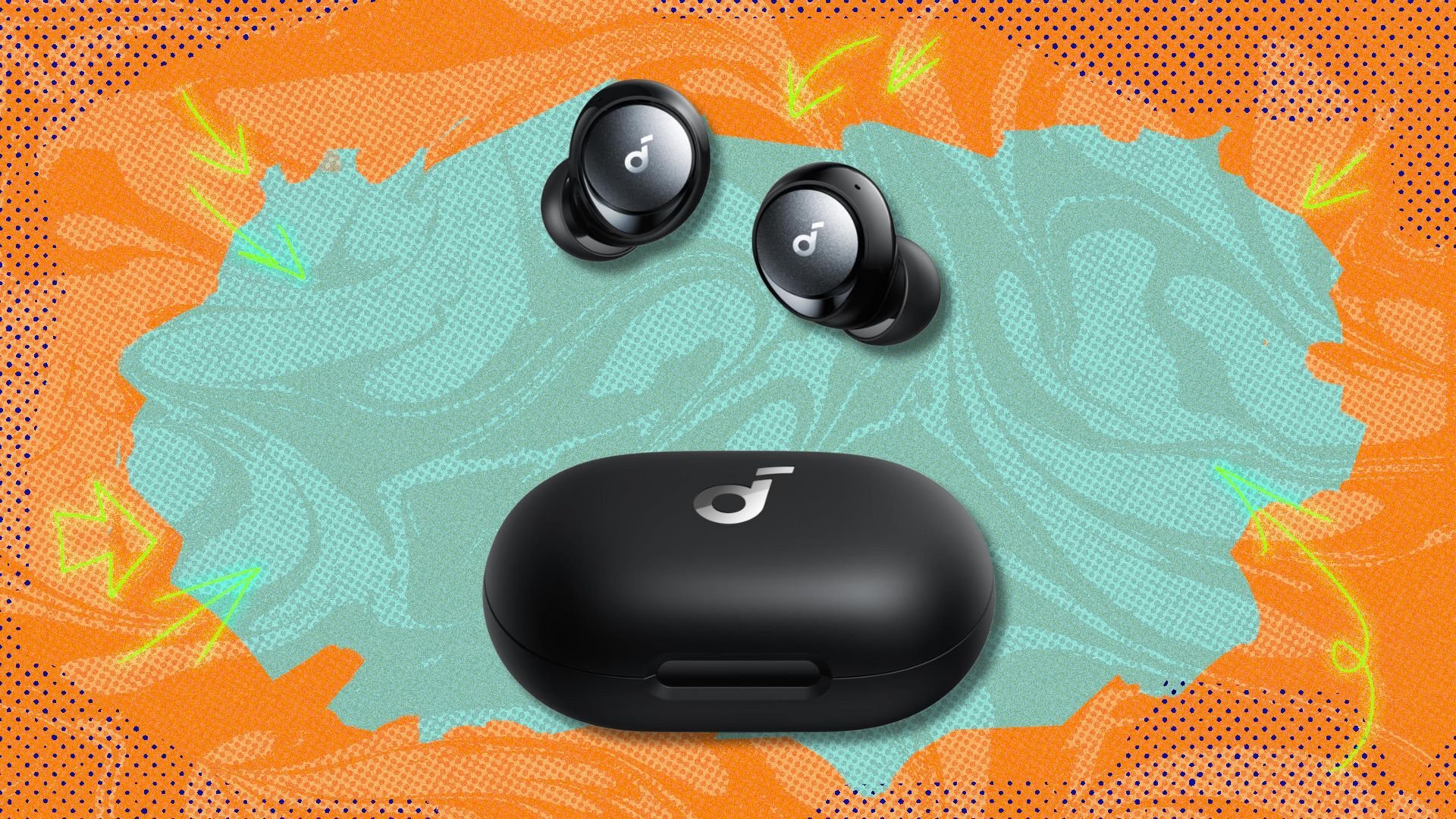 soundcore by anker space a40 earbuds against an orange and blue patterned background