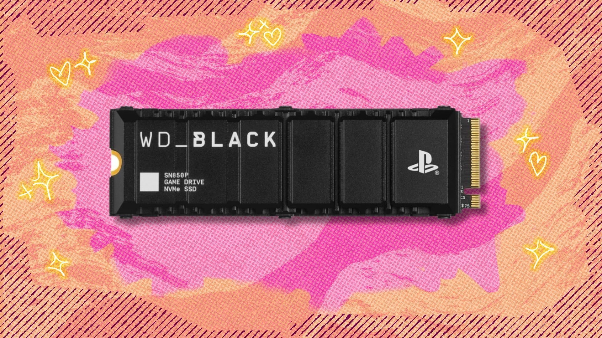 the WD_Black 8TB SN850P NVMe M.2 SSD on a pink and orange background