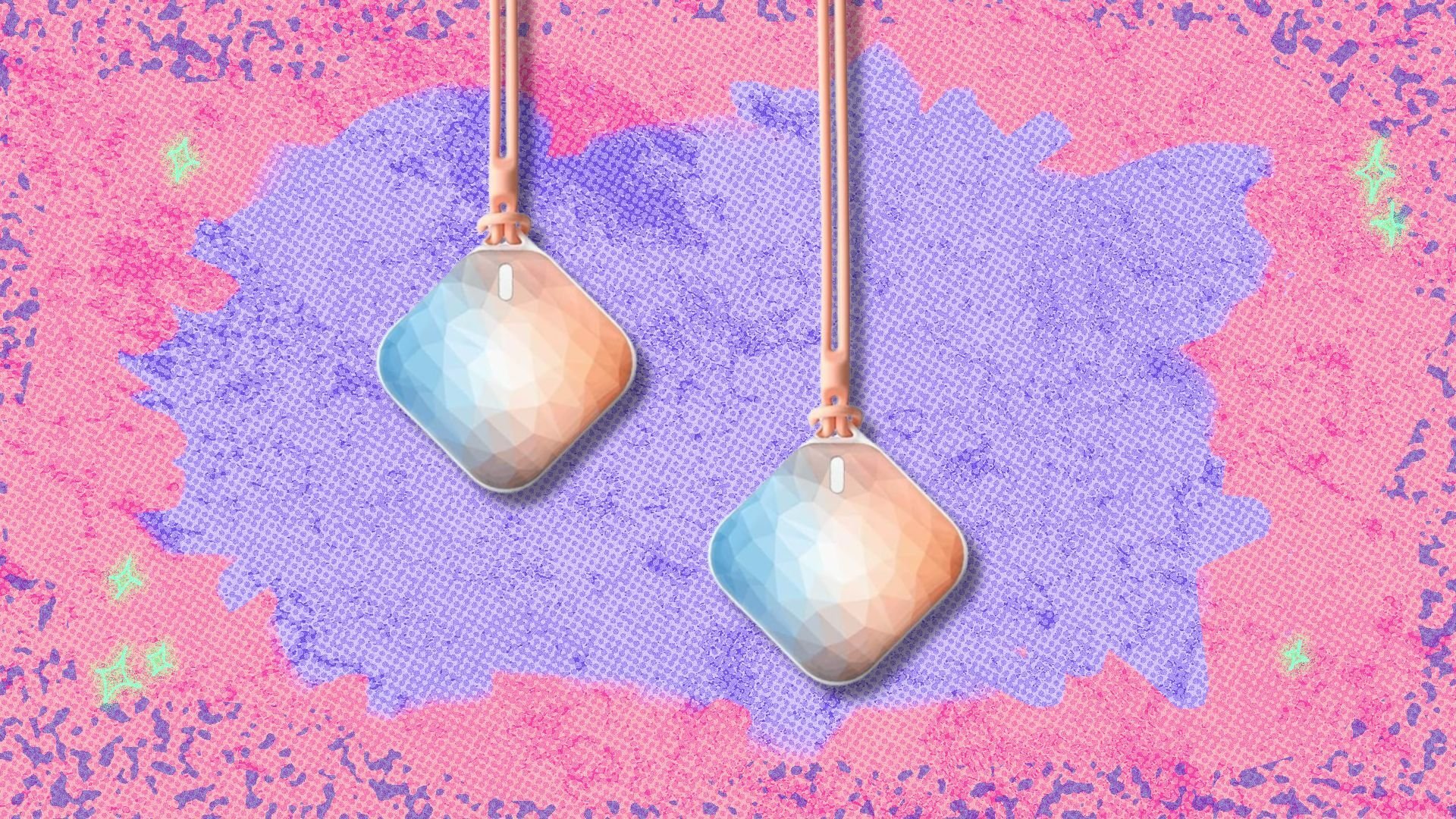 the orastone rechargeable hand warmers in polygon pattern on a pink and purple background