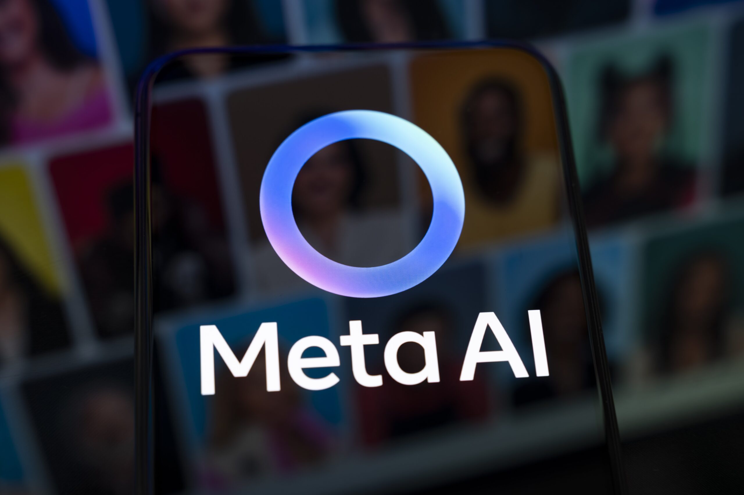 A translucent phone screen showing the Meta AI logo, over Meta AI companion avatars.