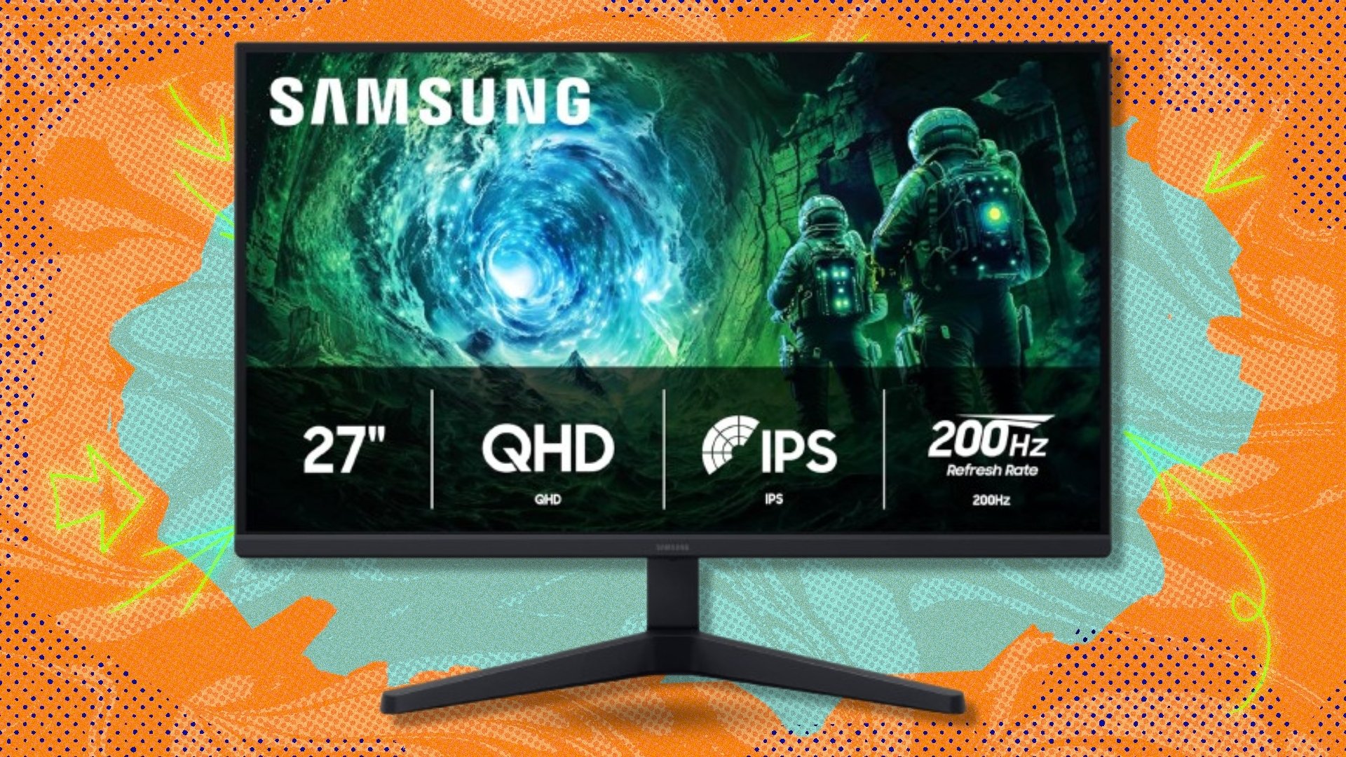 The Samsung 27-inch Odyssey G5 G53F QHD Gaming Monitor on an orange and green background