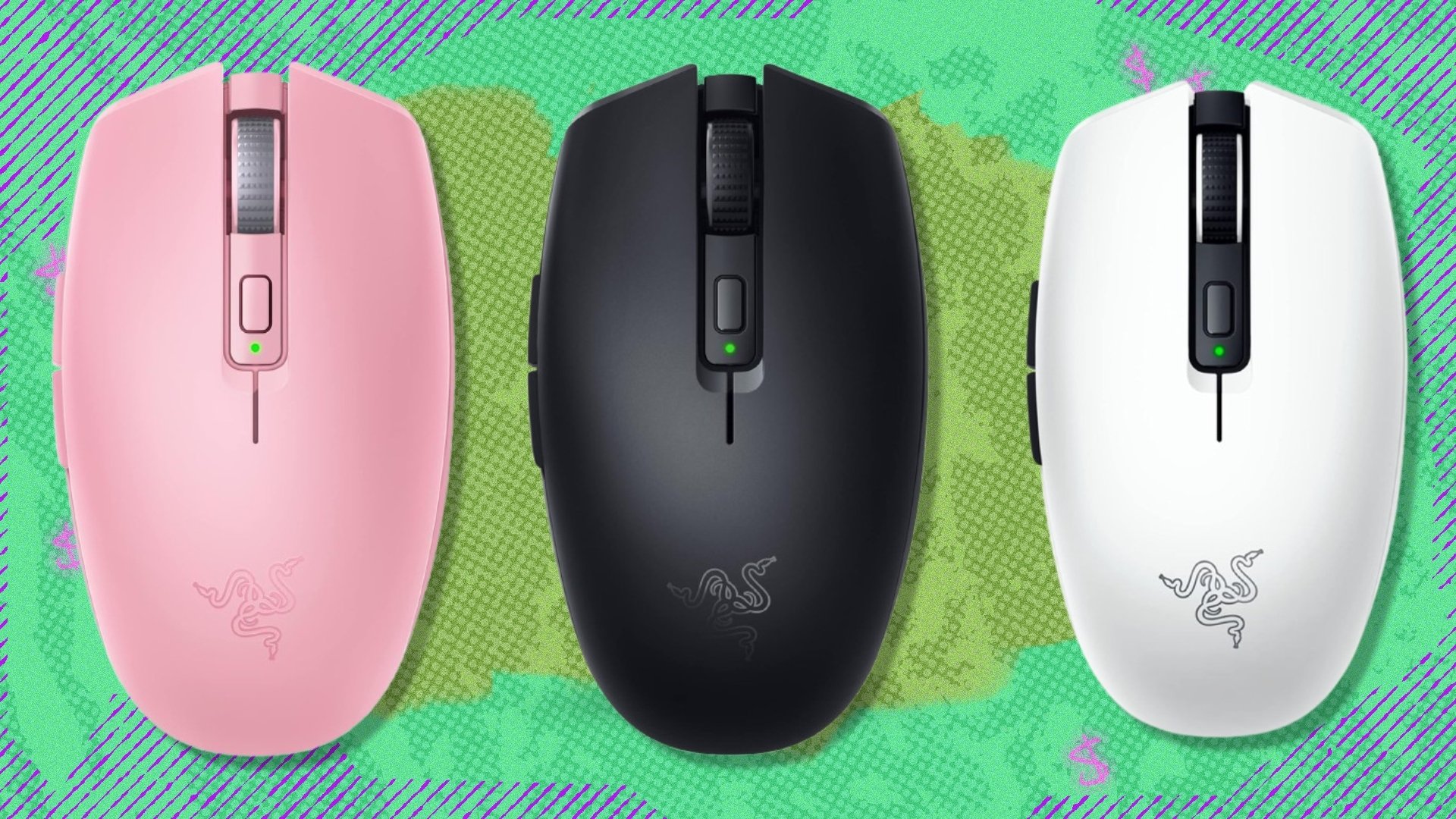 The Razer Orochi V2 Mobile Wireless Gaming Mouse, in black, pink, and white, on a green background