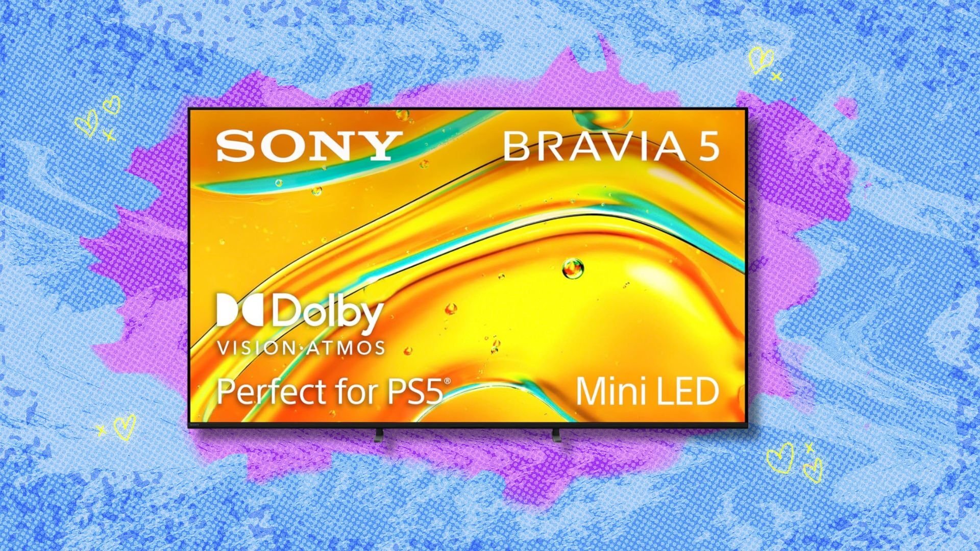 sony bravia 5 55-inch tv against a blue and purple patterned background