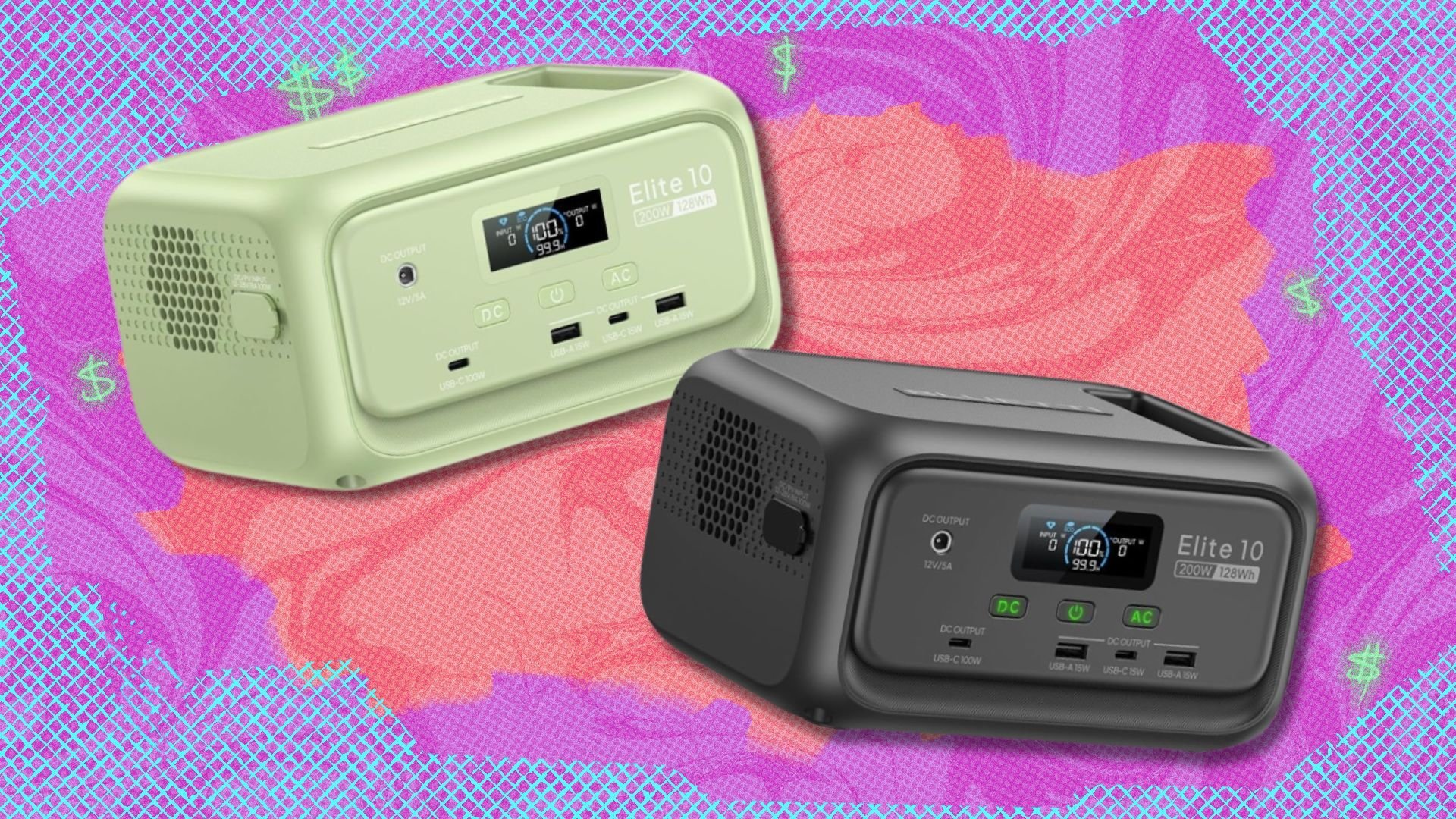 the Bluetti Elite 10 mini portable power station in green and black on a pink and coral colored background with neon green dollar signs