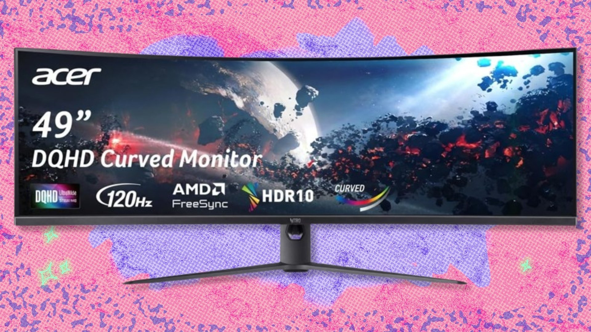 The 49-inch Acer Nitro ultrawide curved gaming monitor on a purple and red background