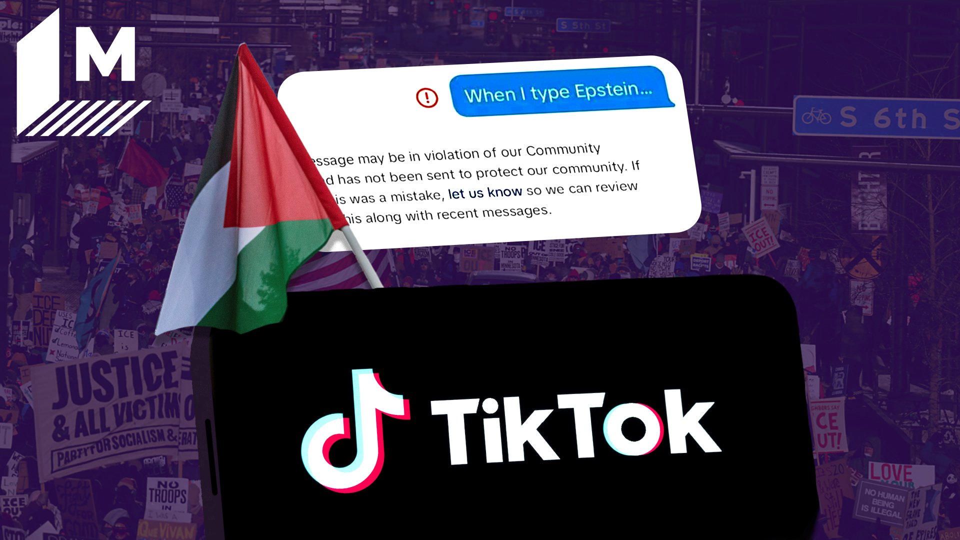 A collage shows a smarphone with the TikTok logo on its screen, a Palestinian flag, and a screenshot of a TikTok DM with the word 'Epstein' not delivered.