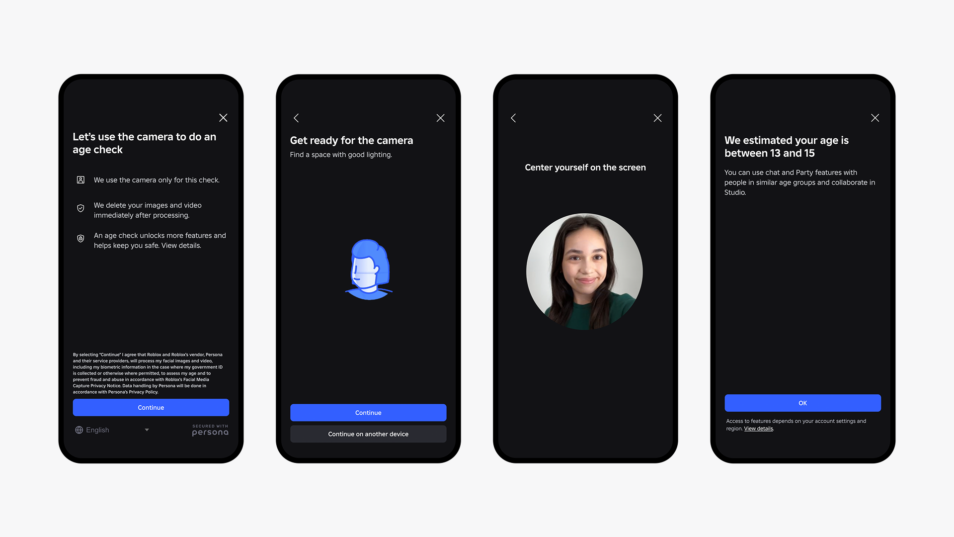 Several smartphone screens showing the steps to verify a user's age on Roblox. 