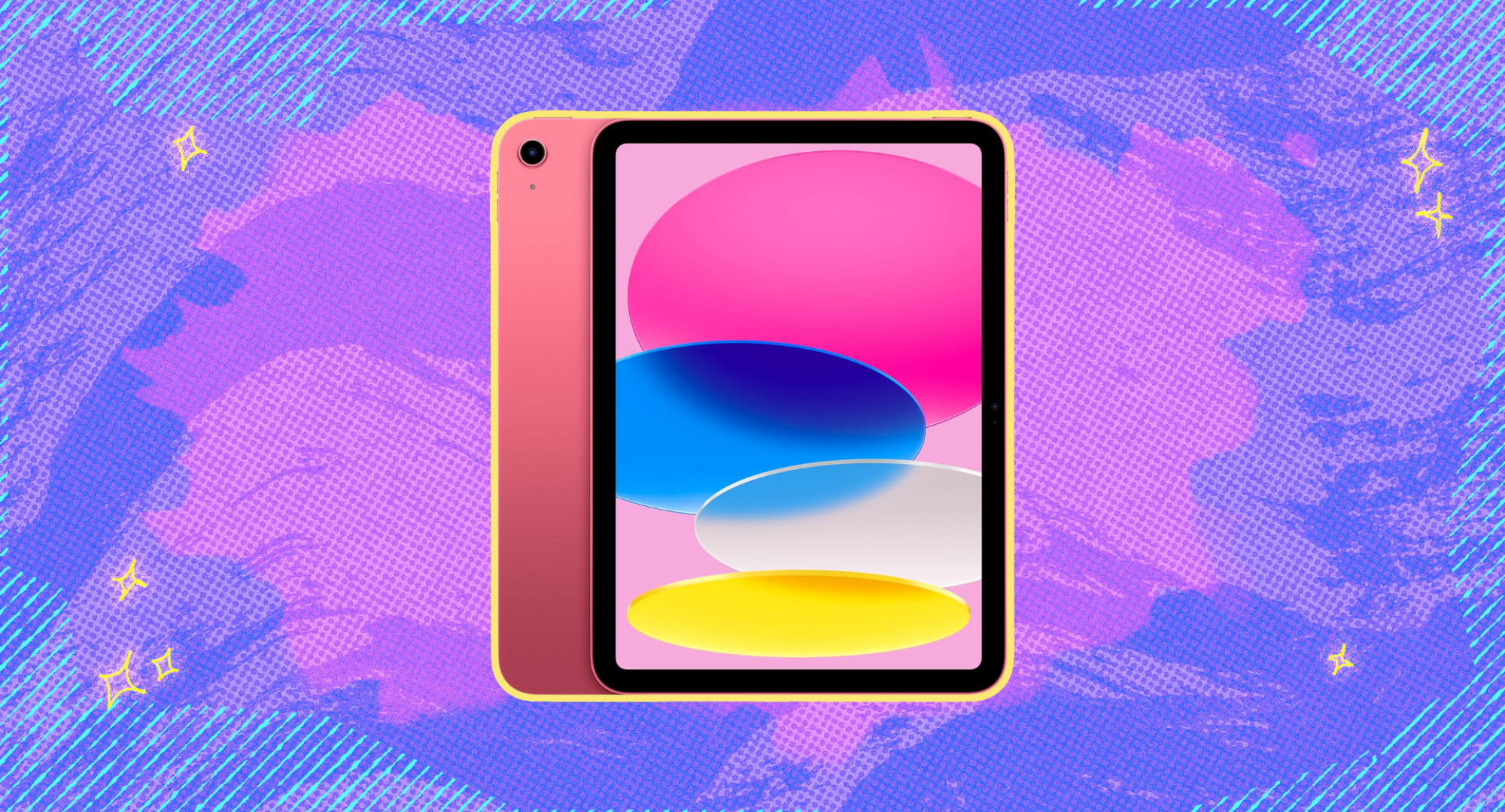 An Apple iPad against a pink and purple background. 