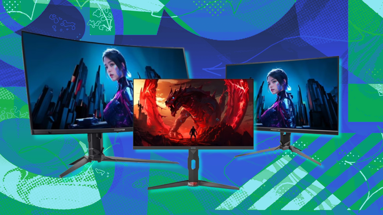 three new Acer gaming monitors with colorful abstract background