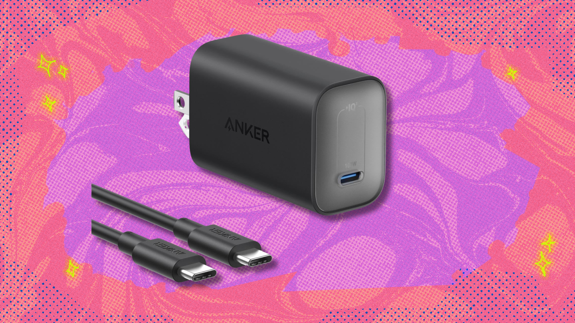 Anker Nano Charger on pink and purple abstract background