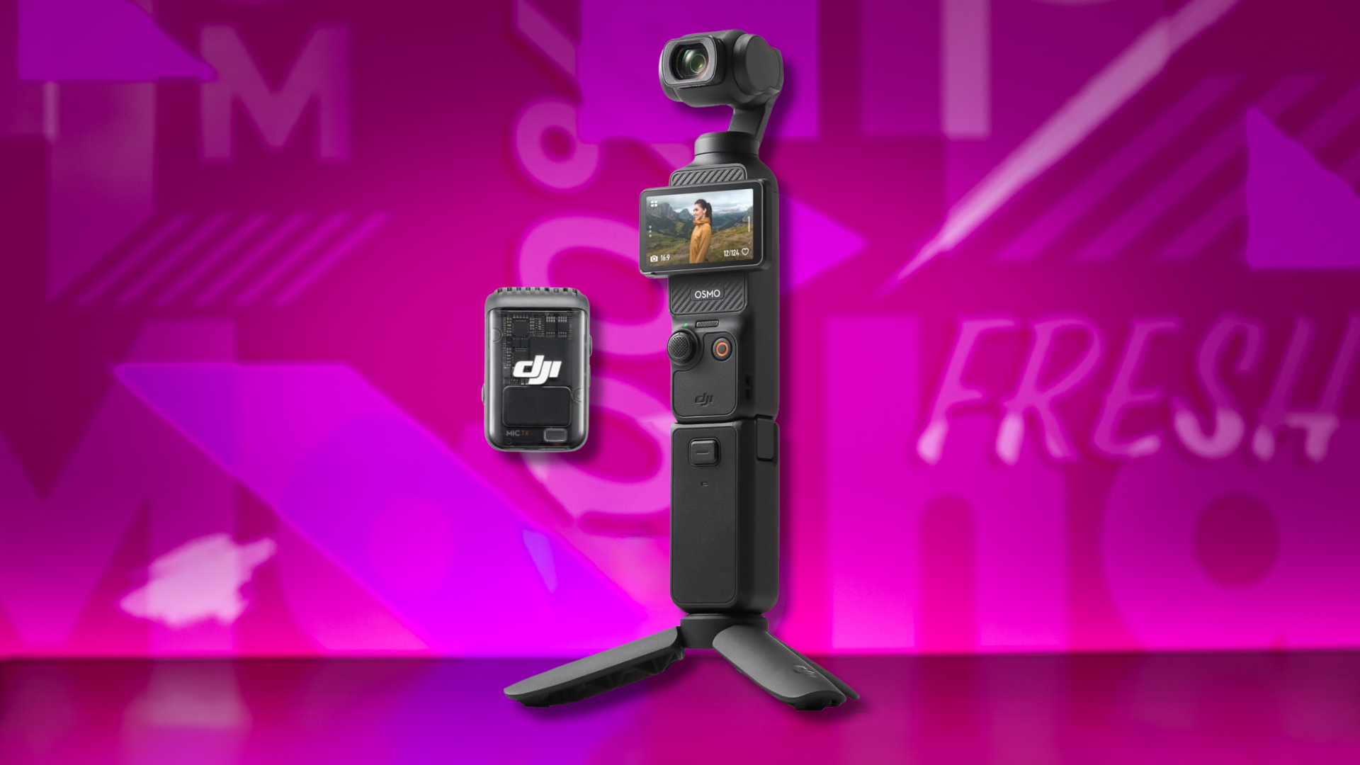 A DJI Osmo 3 Pocket Creator Combo camera on a colorful background