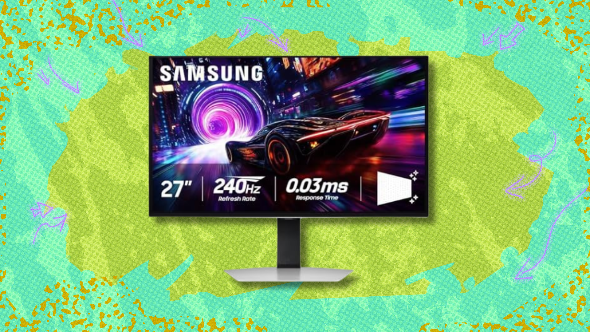Samsung Odyssey G8 QD-OLED gaming monitor on green and light green background