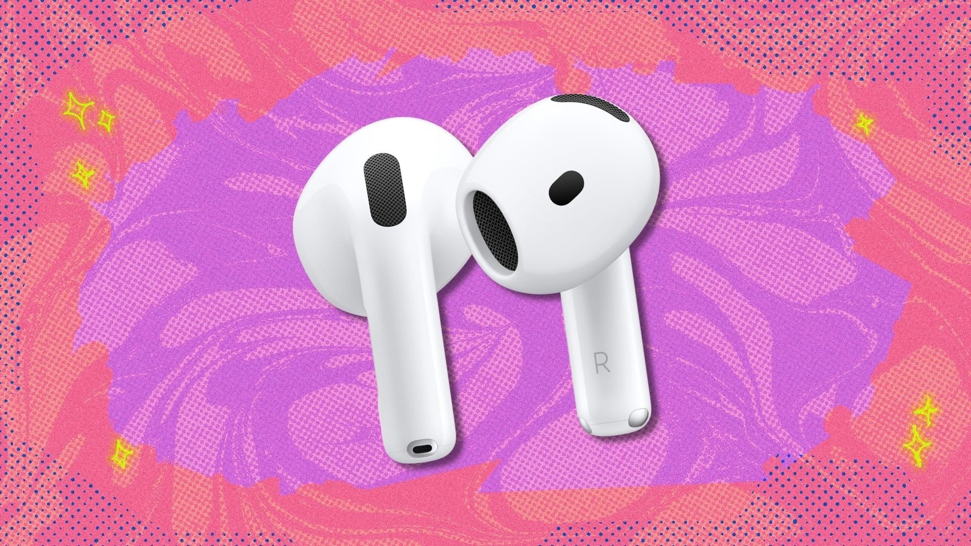 airpods 4 against a pink and purple patterned background