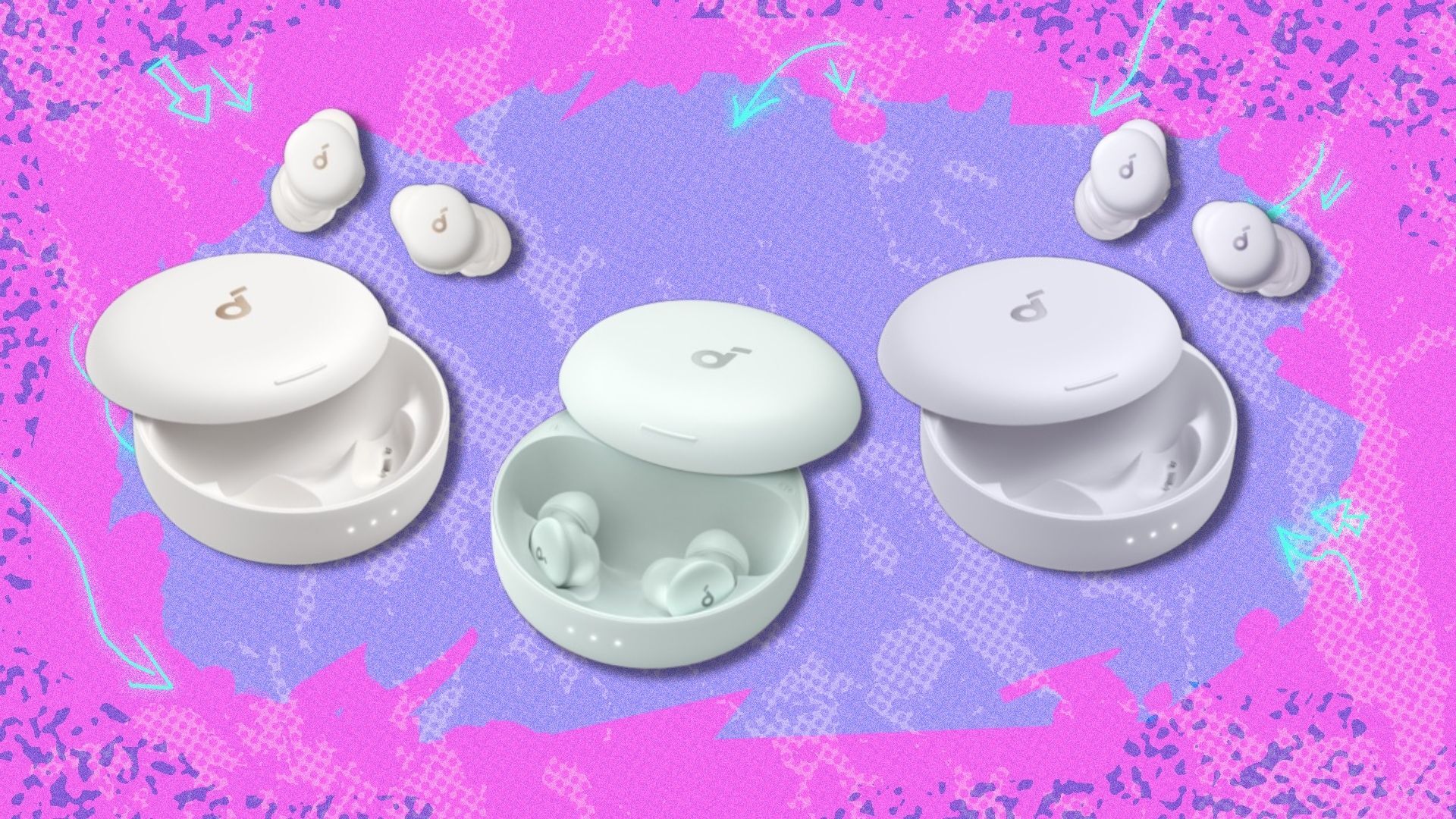 the soundcore sleep a30 special sleep earbuds in three colorways on a pink and purple background