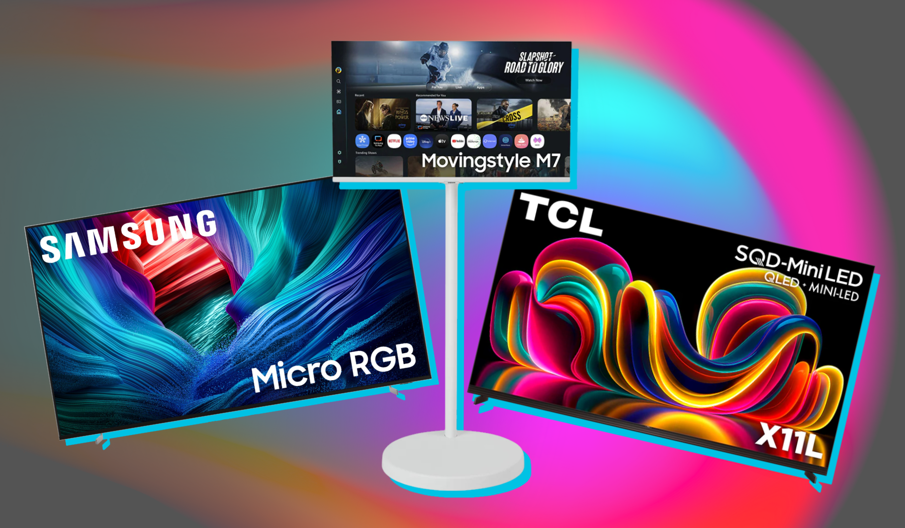 Samsung Micro RGB TV, Samsung Movingstyle TV, and TCL X11L TV on gray backdrop with burst of color