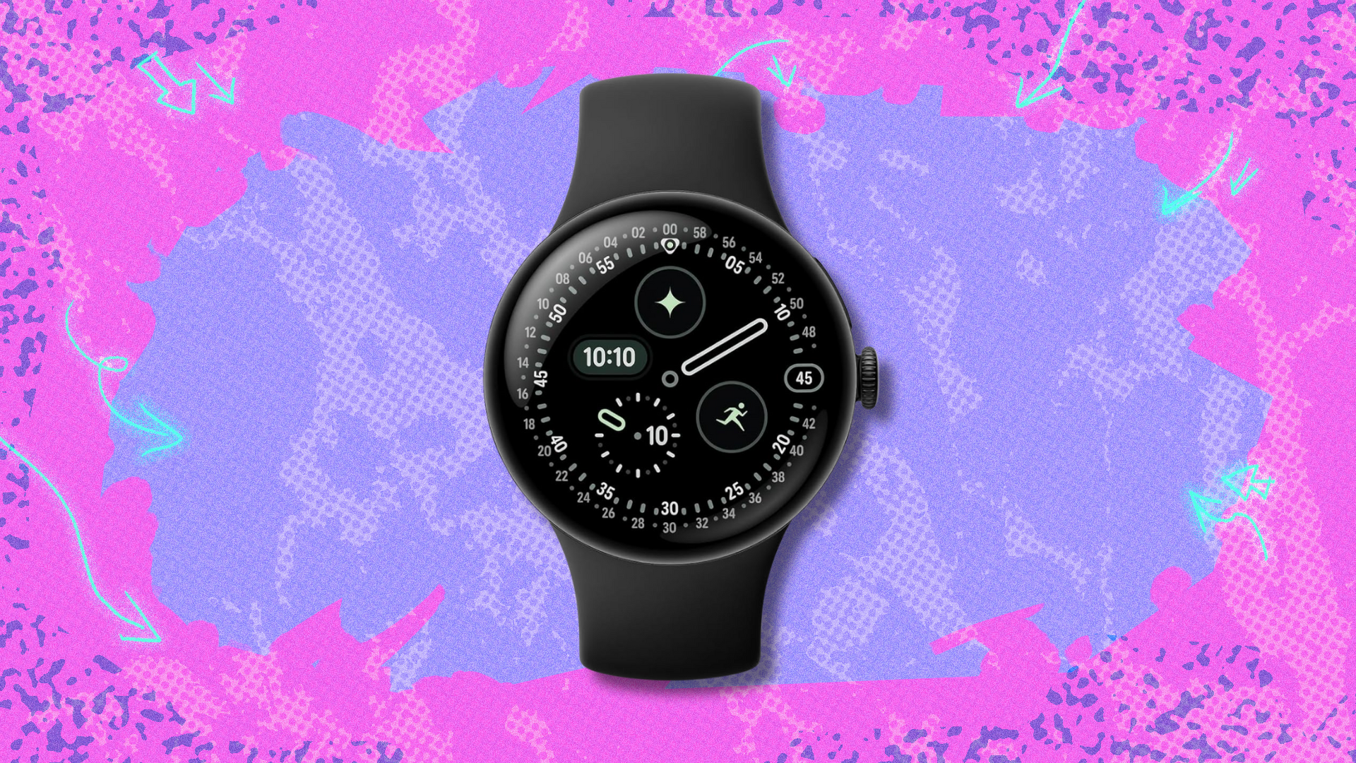 Google Pixel Watch 4 LTE on pink and purple abstract backgrund