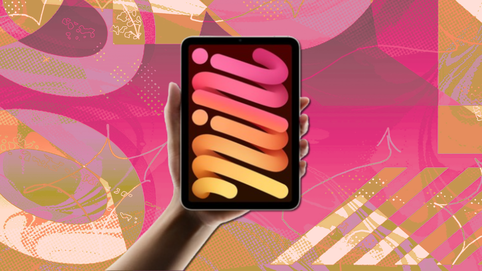 hand holding Apple iPad Mini with colorful abstract background