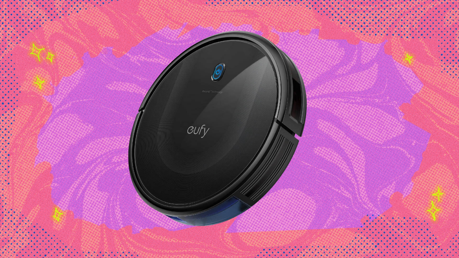 Eufy 11S Max robot vacuum on pink and orange abstract background