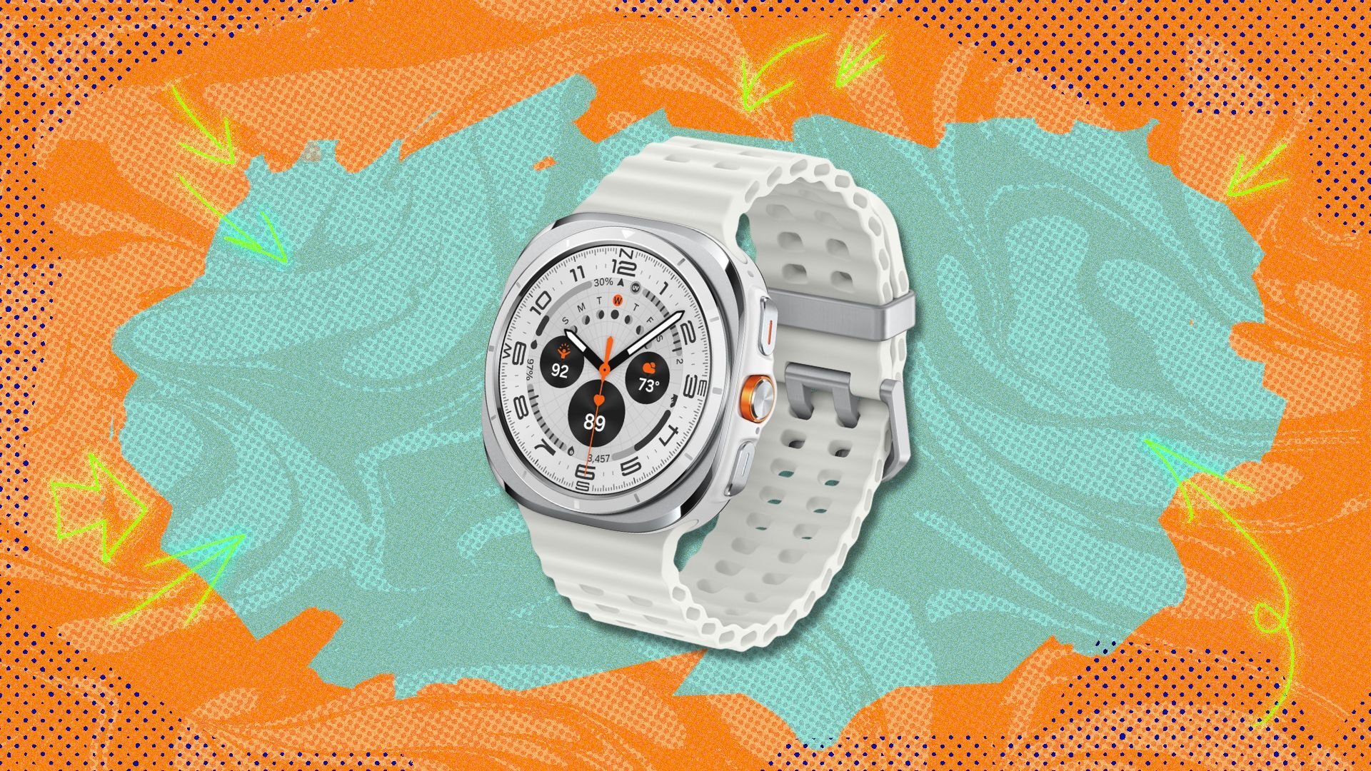 samsung galaxy watch ultra against an orange and blue patterned background