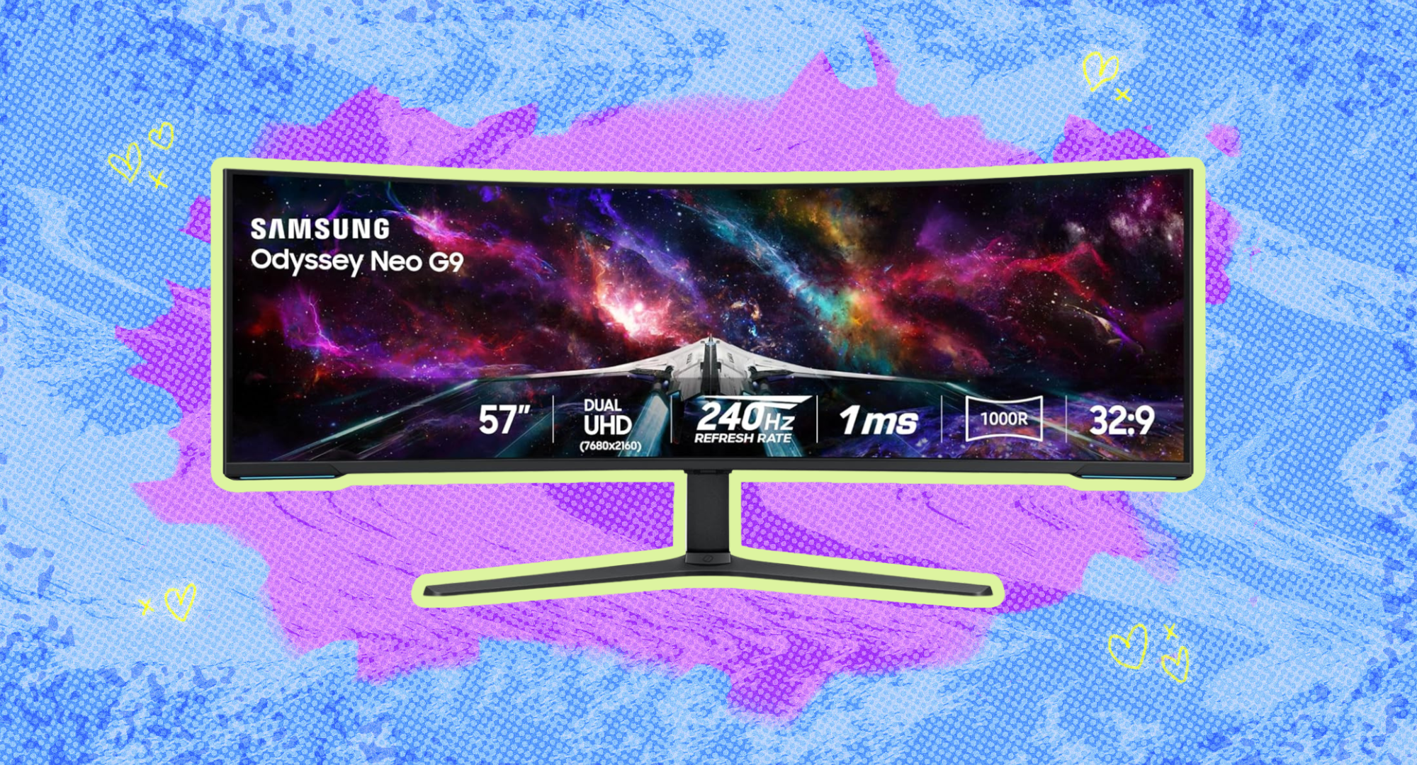 The Samsung 57-inch odyssey neo g9 against a purple and blue background.