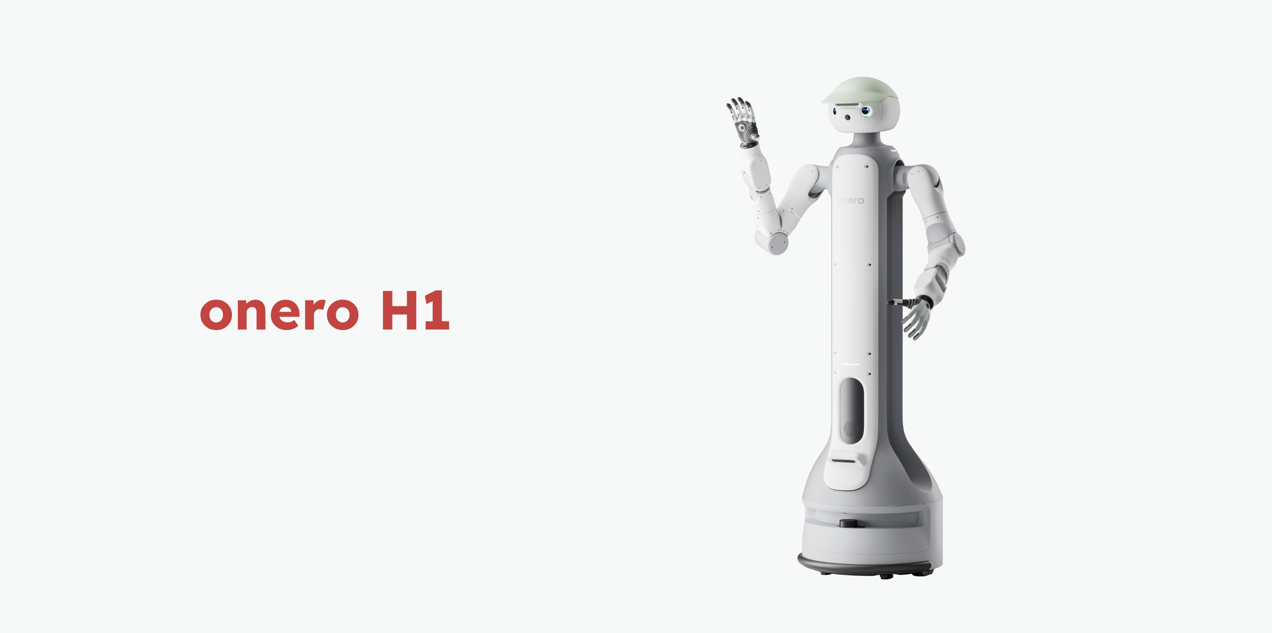 a tall humanoid robot waving next to red text that says Onero H1