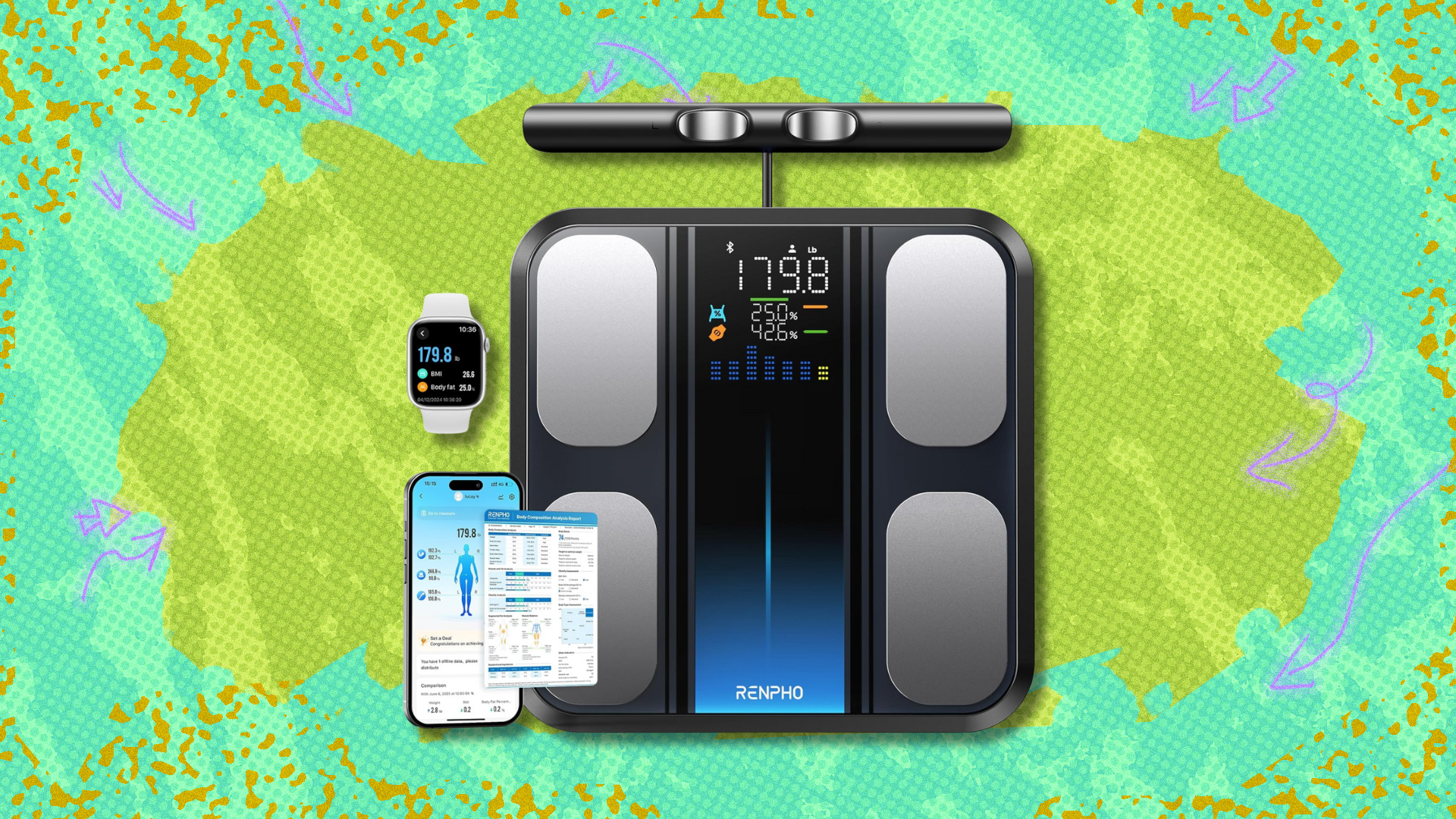 Renpho Smart Scale on light green and green abstract backgroun