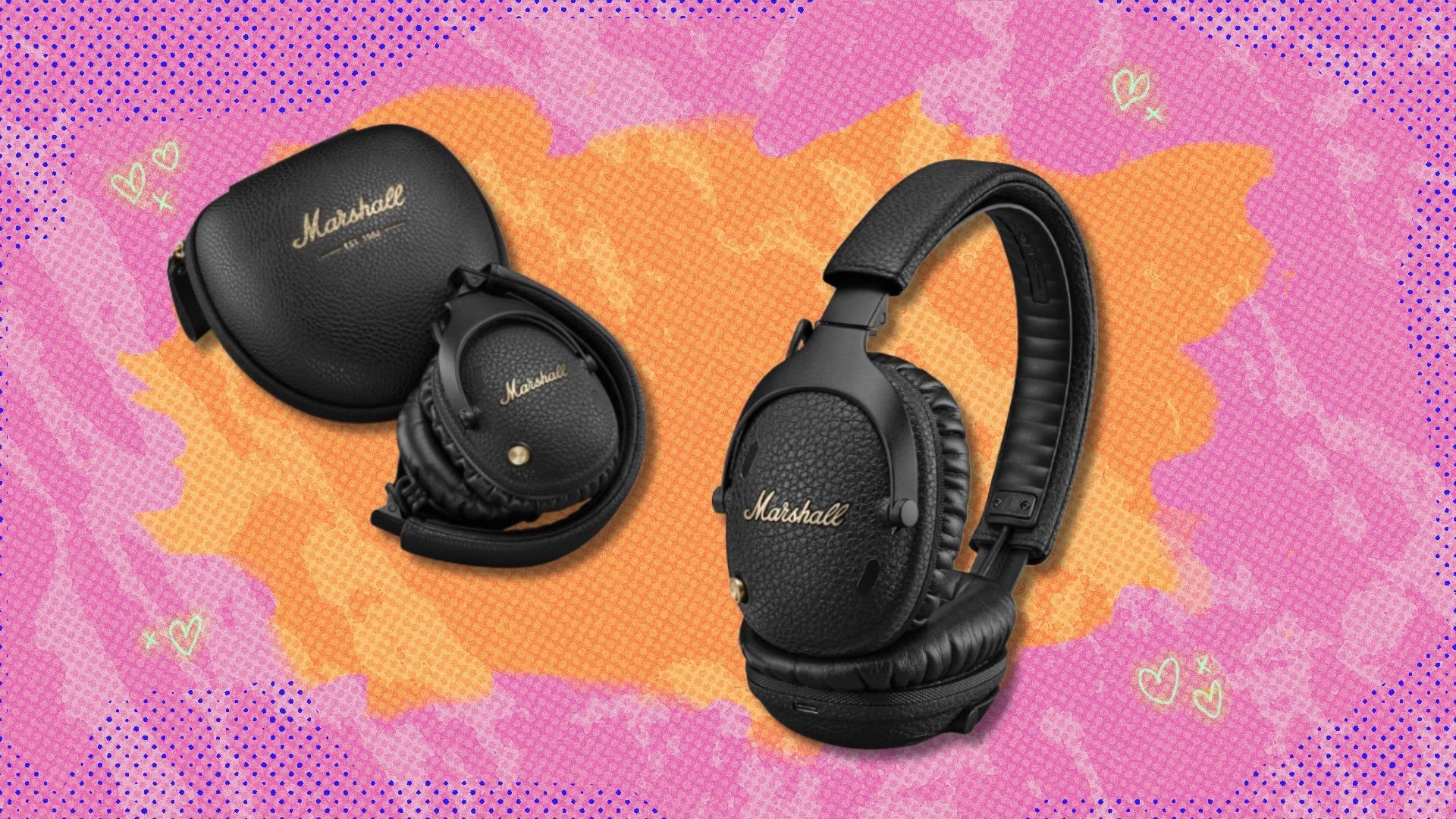the marshall monitor III headphones on a pink and orange background with hearts
