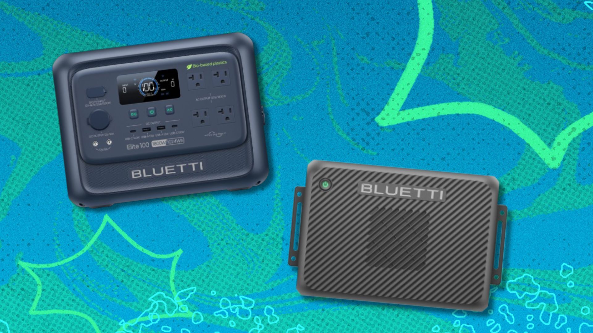 the Bluetti Elite 100 V2 Bio-Based Edition and the Bluetti Charger 2 on a green and blue background