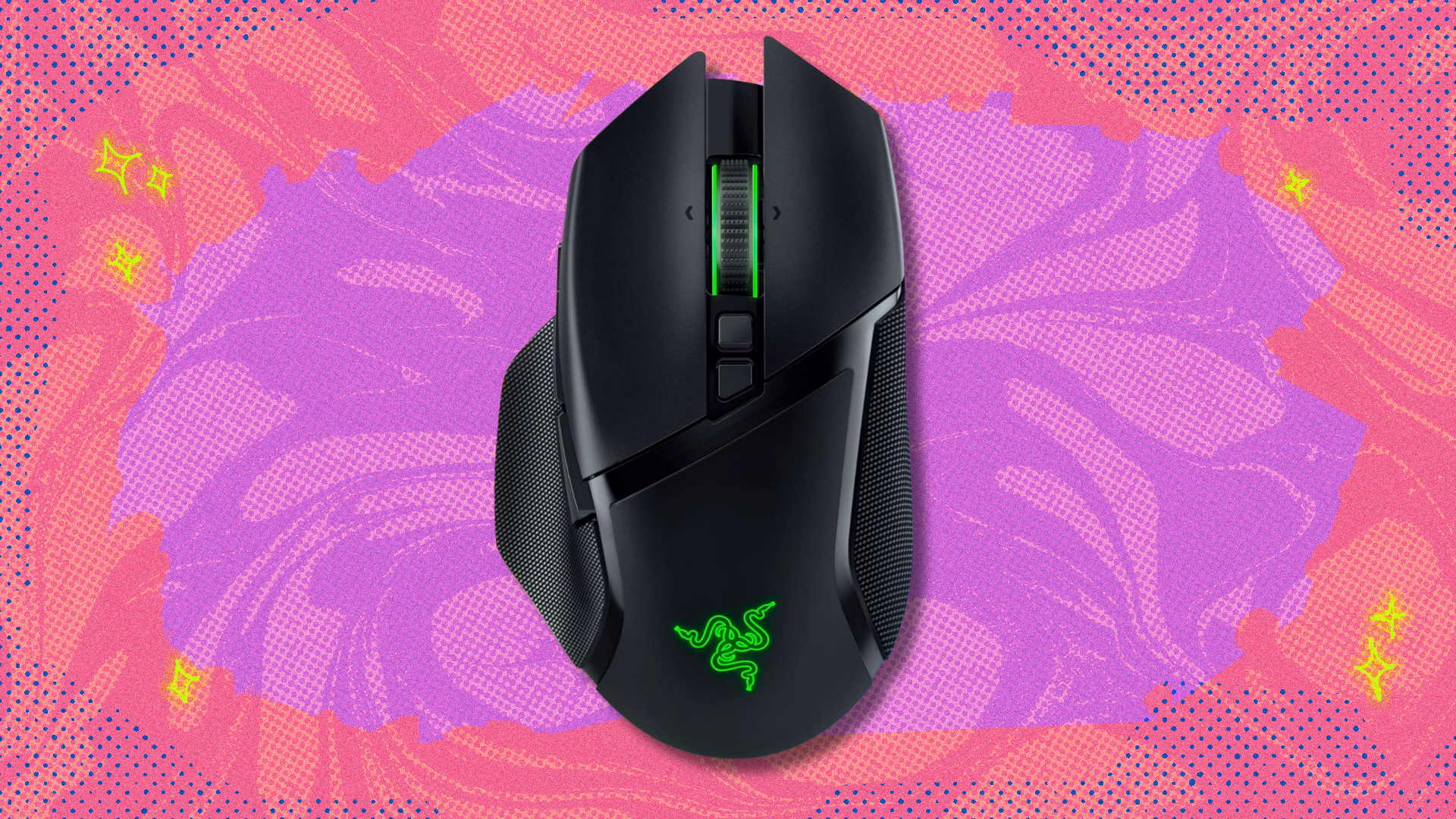 Razer Basilisk V3 Pro on pink and orange abstract background