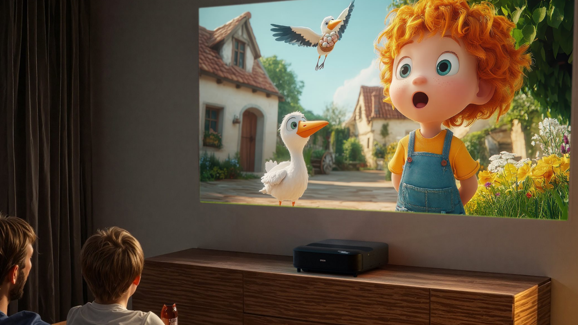 A family watching an animated show with an Epson projector