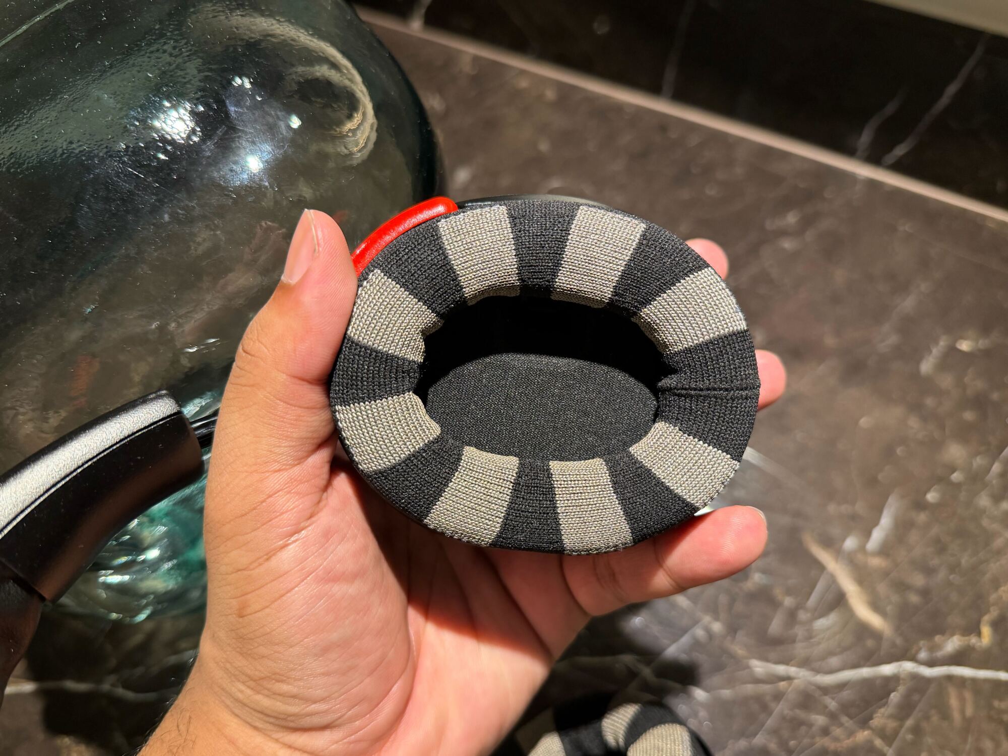 Inside of headphones with eeg tags across the lining