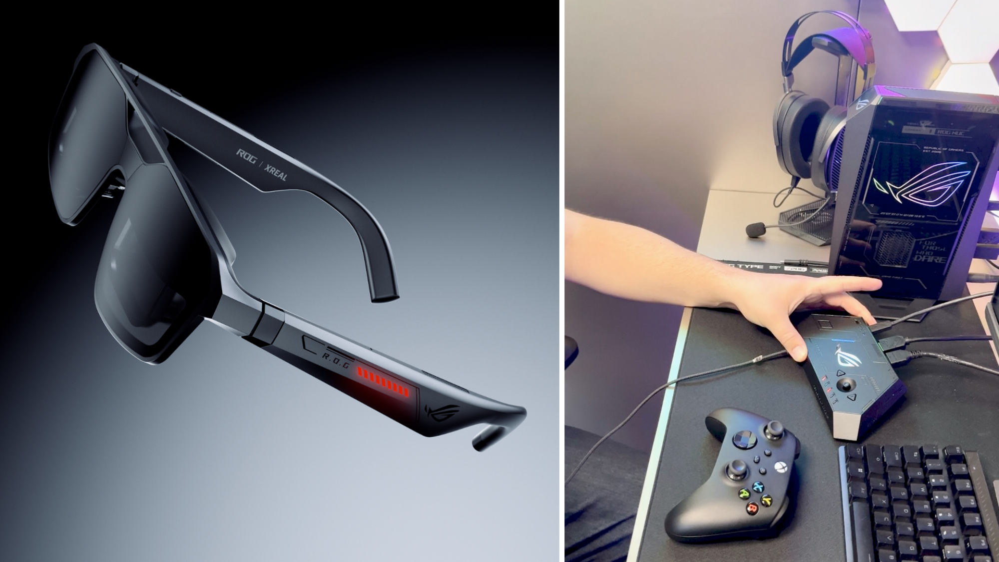 Left: ROG Xreal R1 AR gaming glasses. Right: A ROG Xreal R1 AR gaming glasses dock on a desk next to a keyboard, headphones, and a controller.